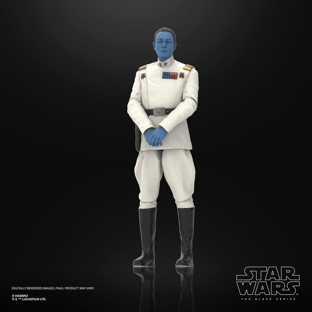 Una figura azul con uniforme blanco y medallas ante fondo negro.