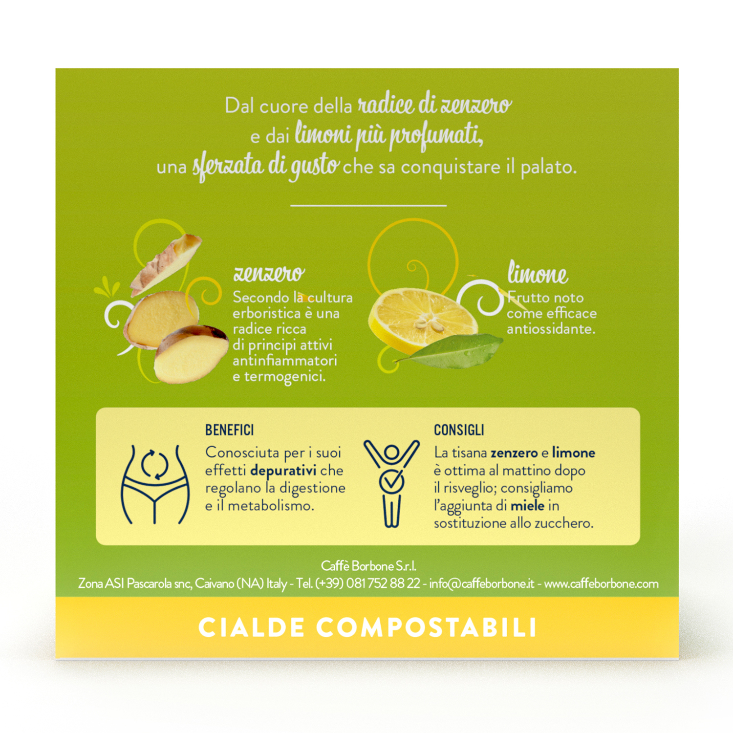 Immagine con illustrazioni di zenzero e limone e testo sui benefici.