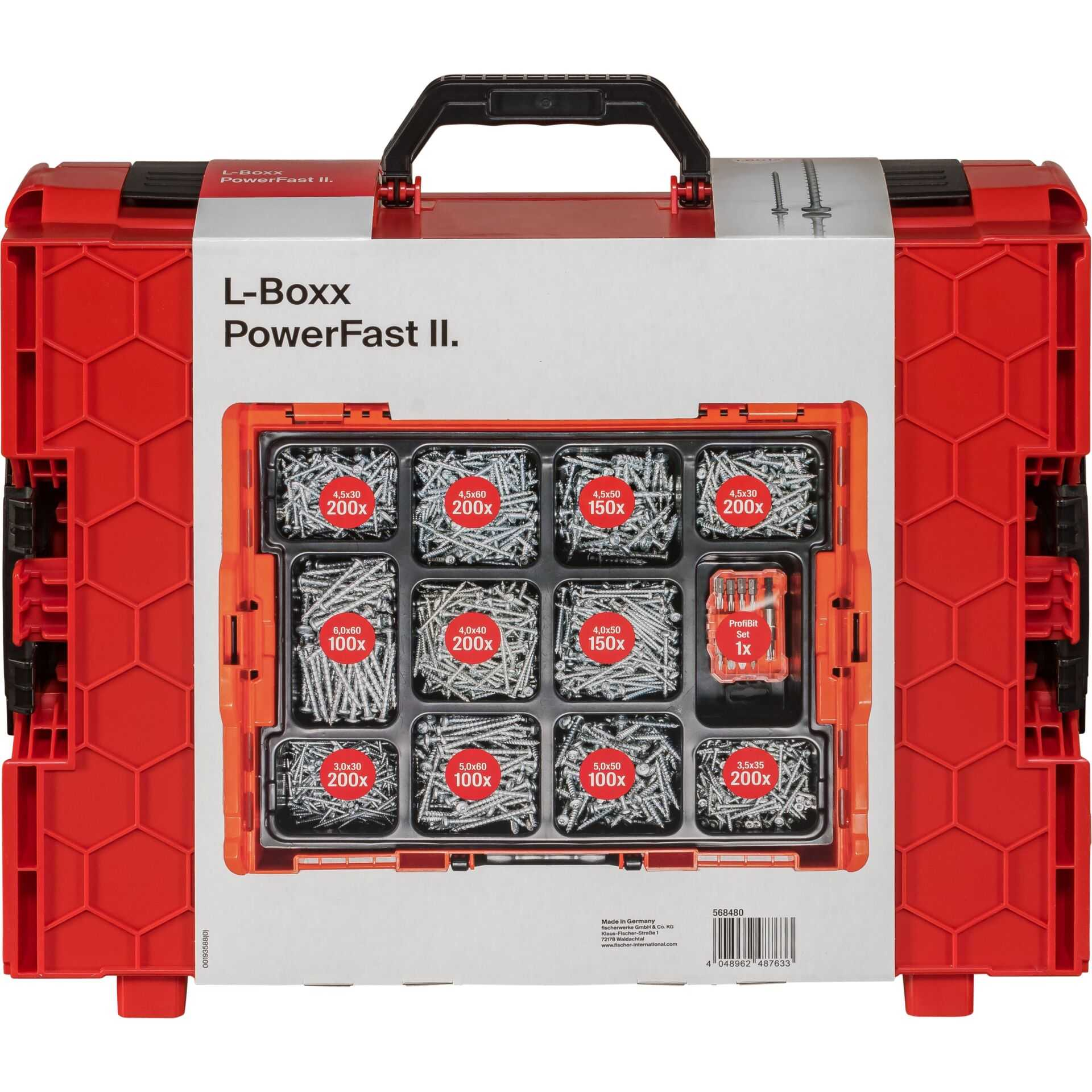 Roter L-Boxx mit Schrauben verschiedener Größen und einem Bit-Set.