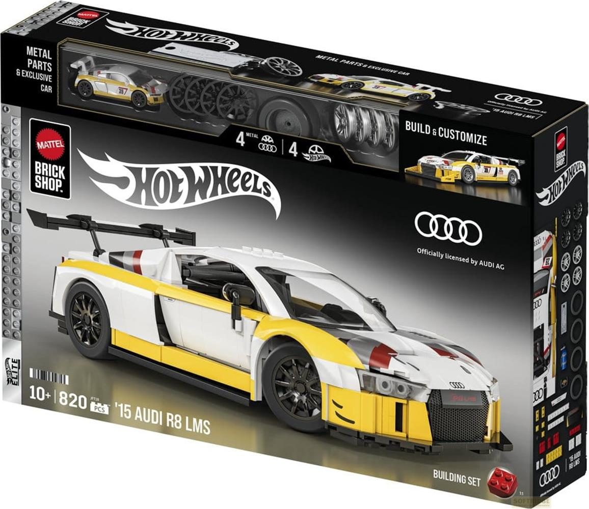 Set di costruzione Hot Wheels Audi R8 LMS con auto da corsa bianca e gialla e parti in metallo.