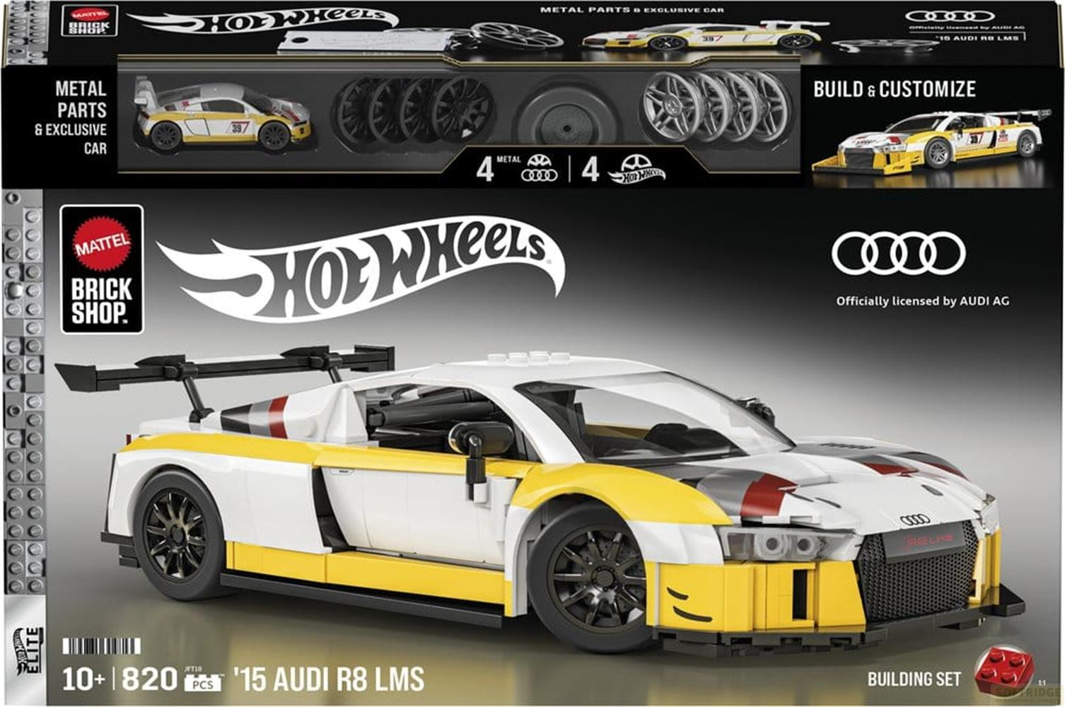 Set di costruzioni Hot Wheels Audi R8 LMS. Bianco, giallo, rosso. Modello auto.