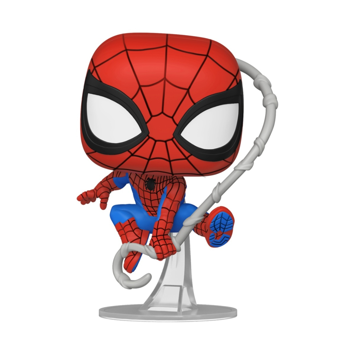 Statua di Spiderman su sfondo bianco, che si dondola su una ragnatela.