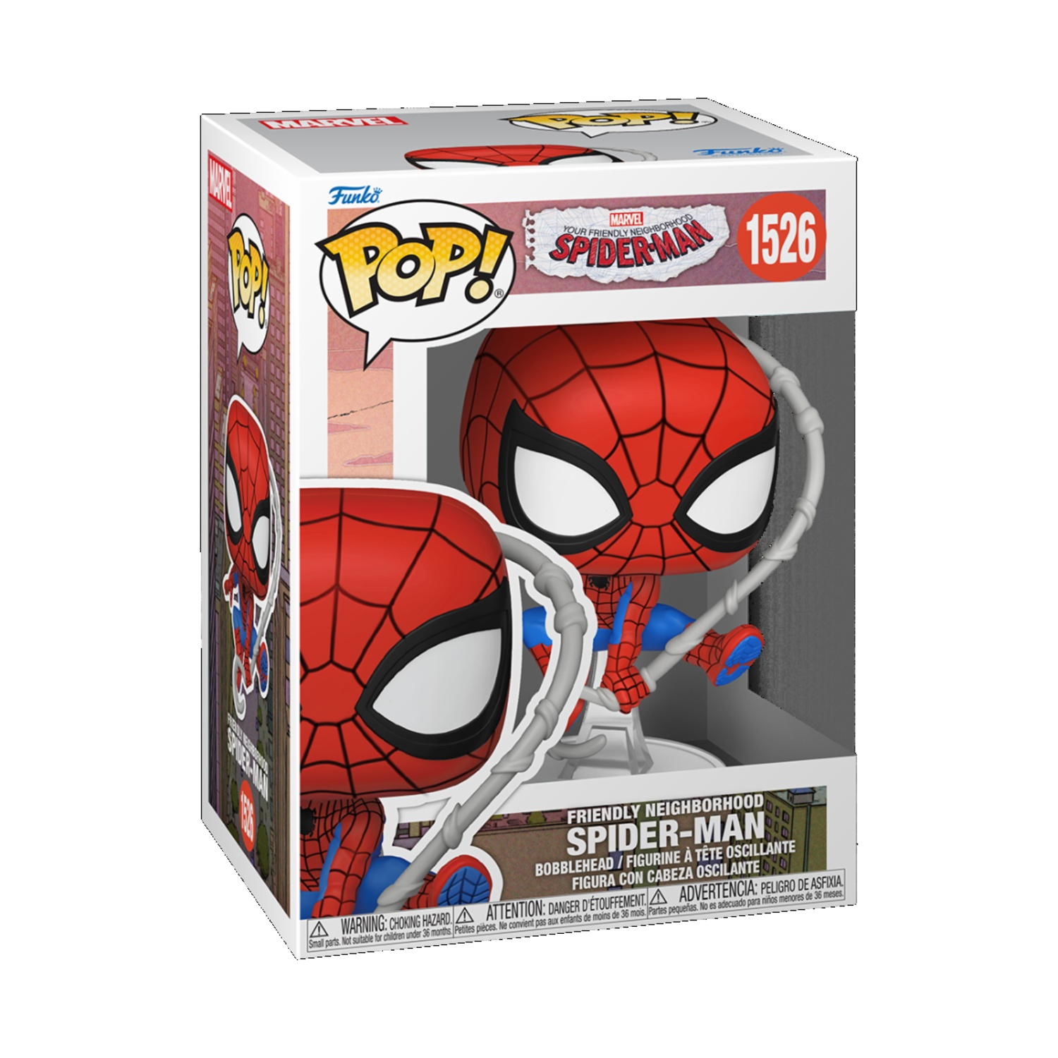 Action figure Funko Pop! di Spider-Man nella sua scatola originale con design a fumetti.