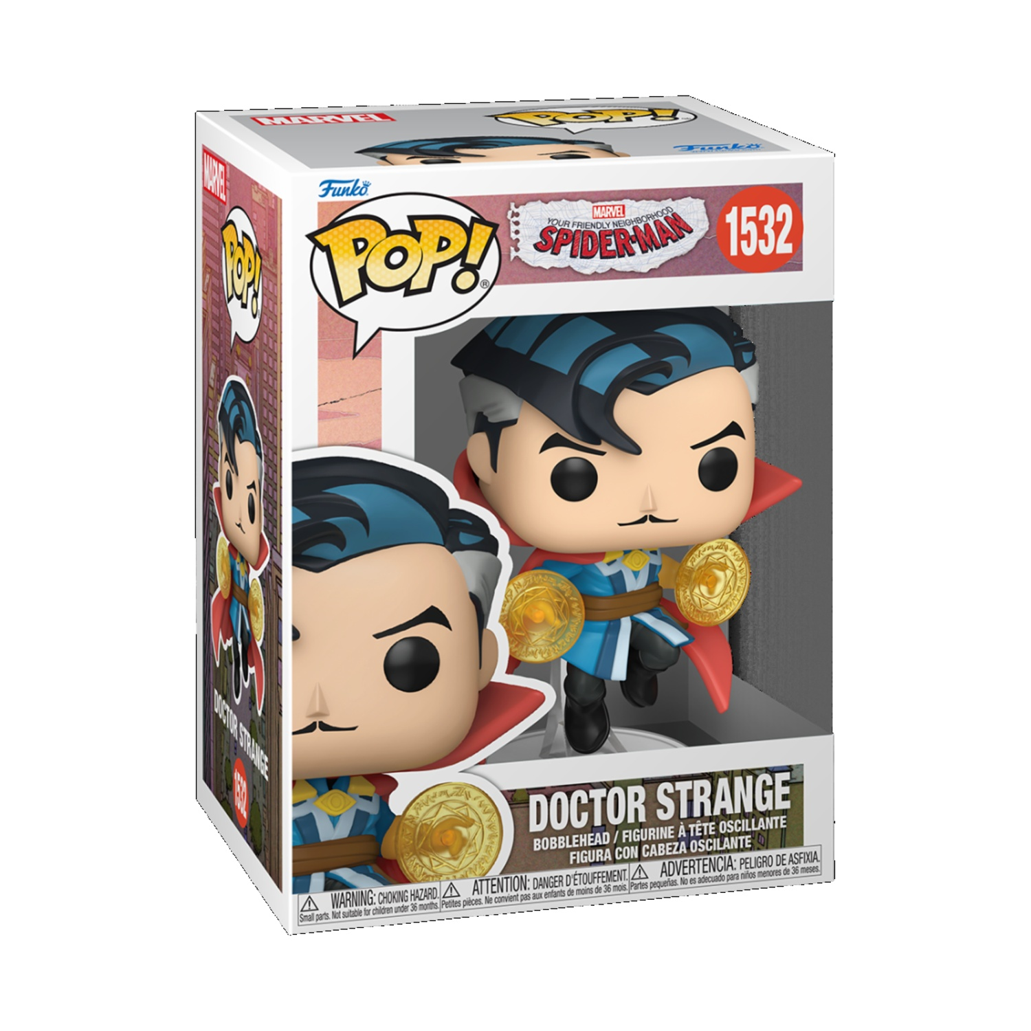 Action figure Funko Pop! Doctor Strange in scatola, con marchio Spider-Man.