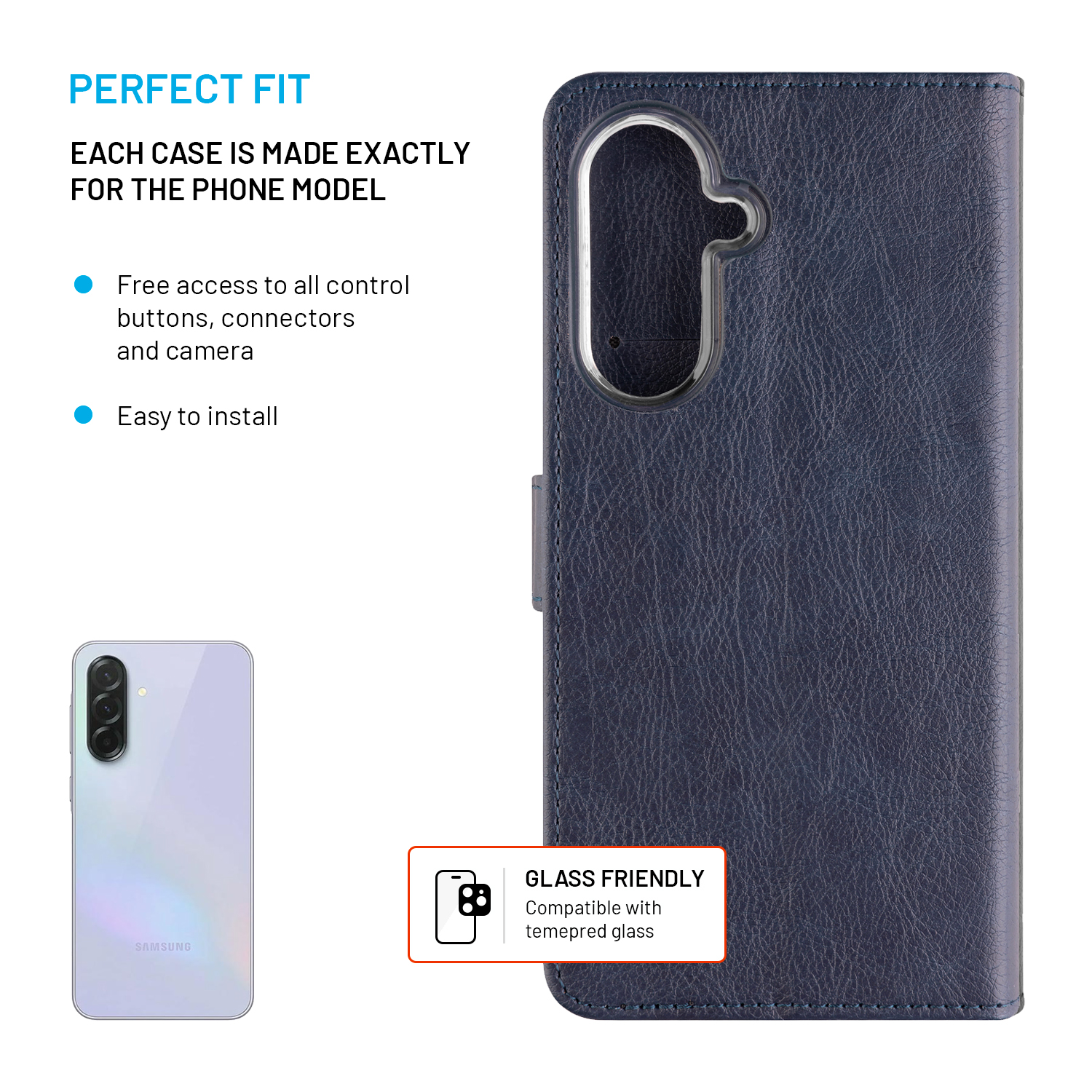 Dunkelblaue Handyhülle aus Leder mit Ausschnitt für Kamera und Tasten.