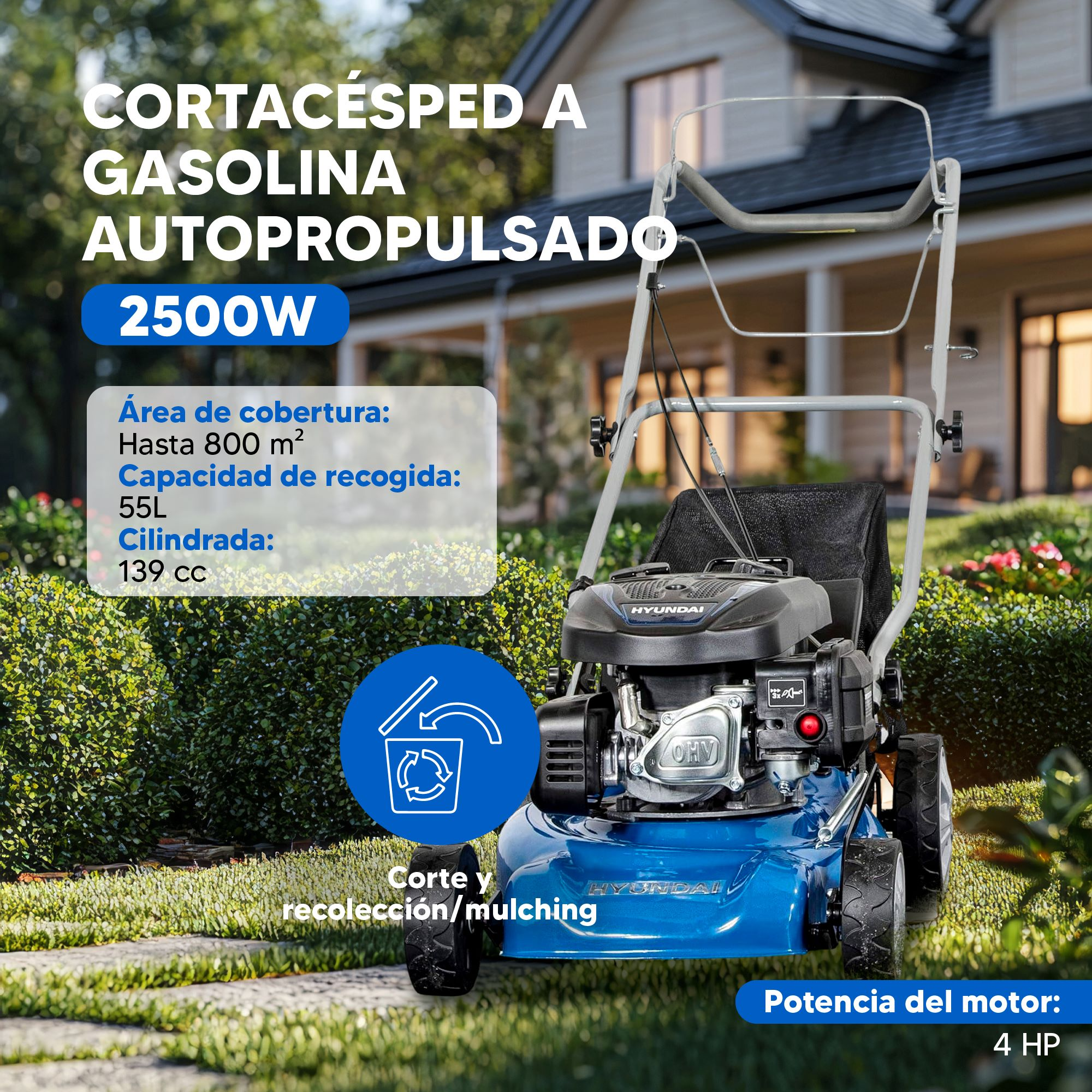 Cortacésped Hyundai azul a gasolina, 2500W, en un jardín con una casa.