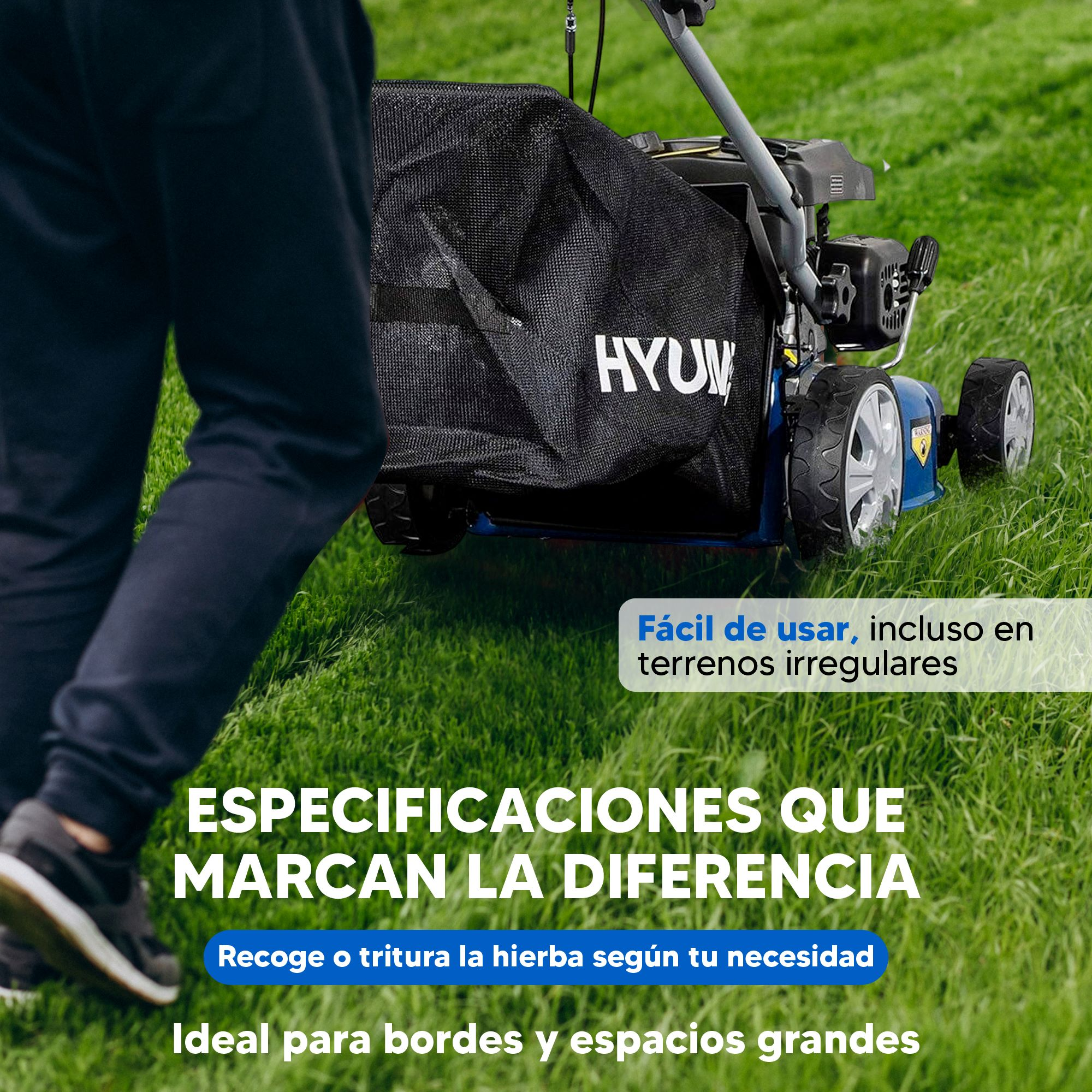 Una persona camina junto a un cortacésped con bolsa. Texto sobre características.