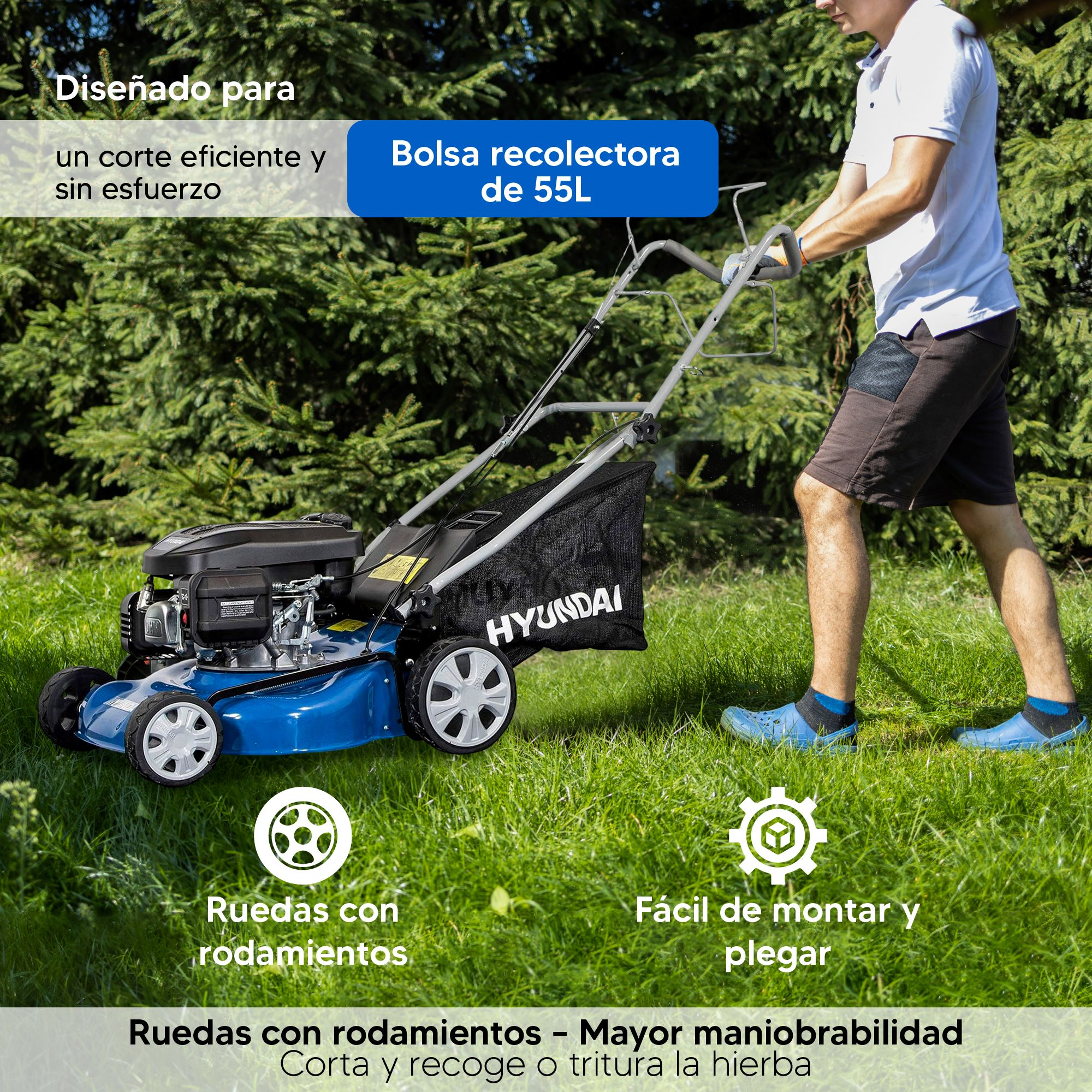 Hombre empuja cortacésped azul con recogedor por césped verde.