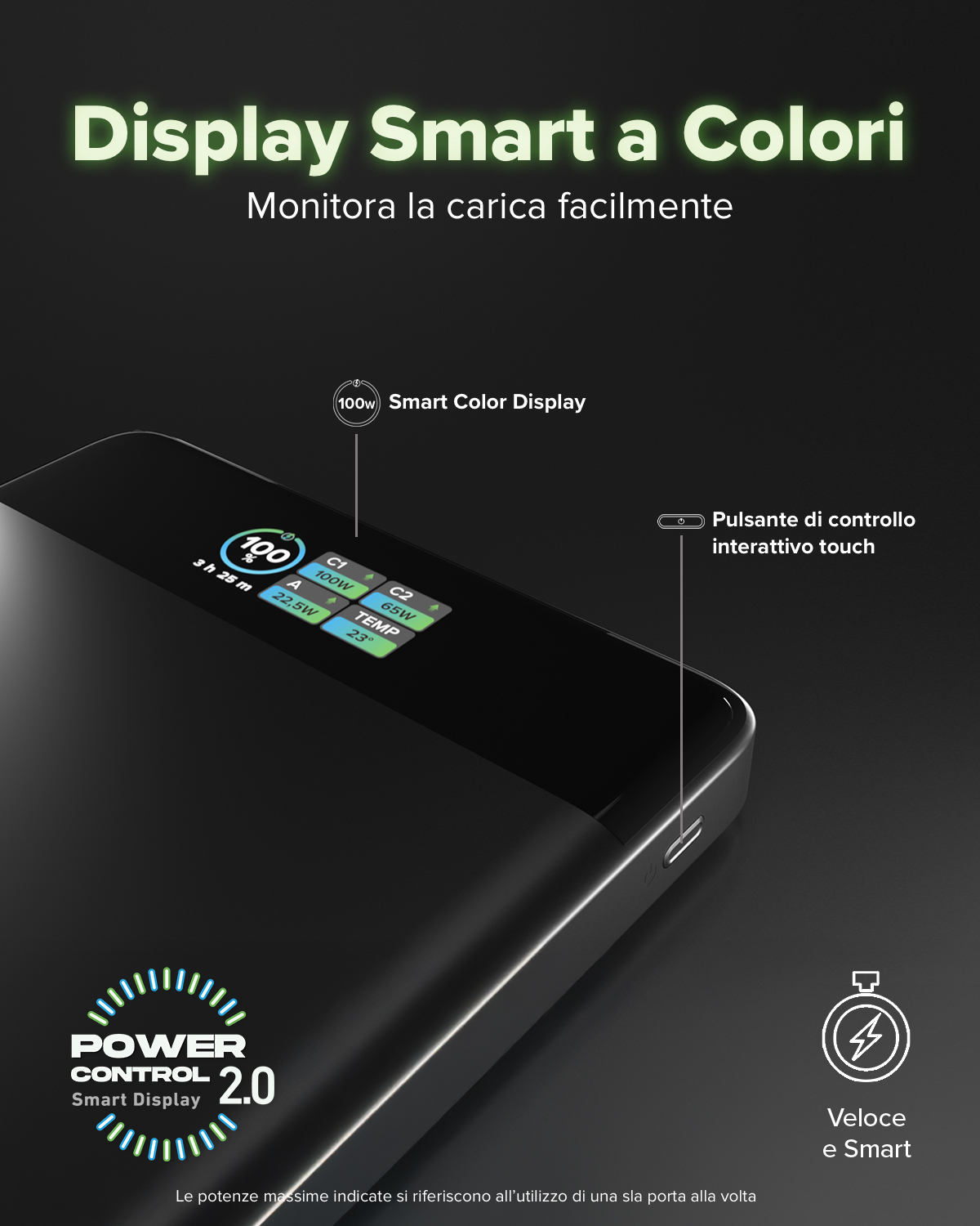 Un dispositivo nero con display a colori che mostra informazioni di carica.