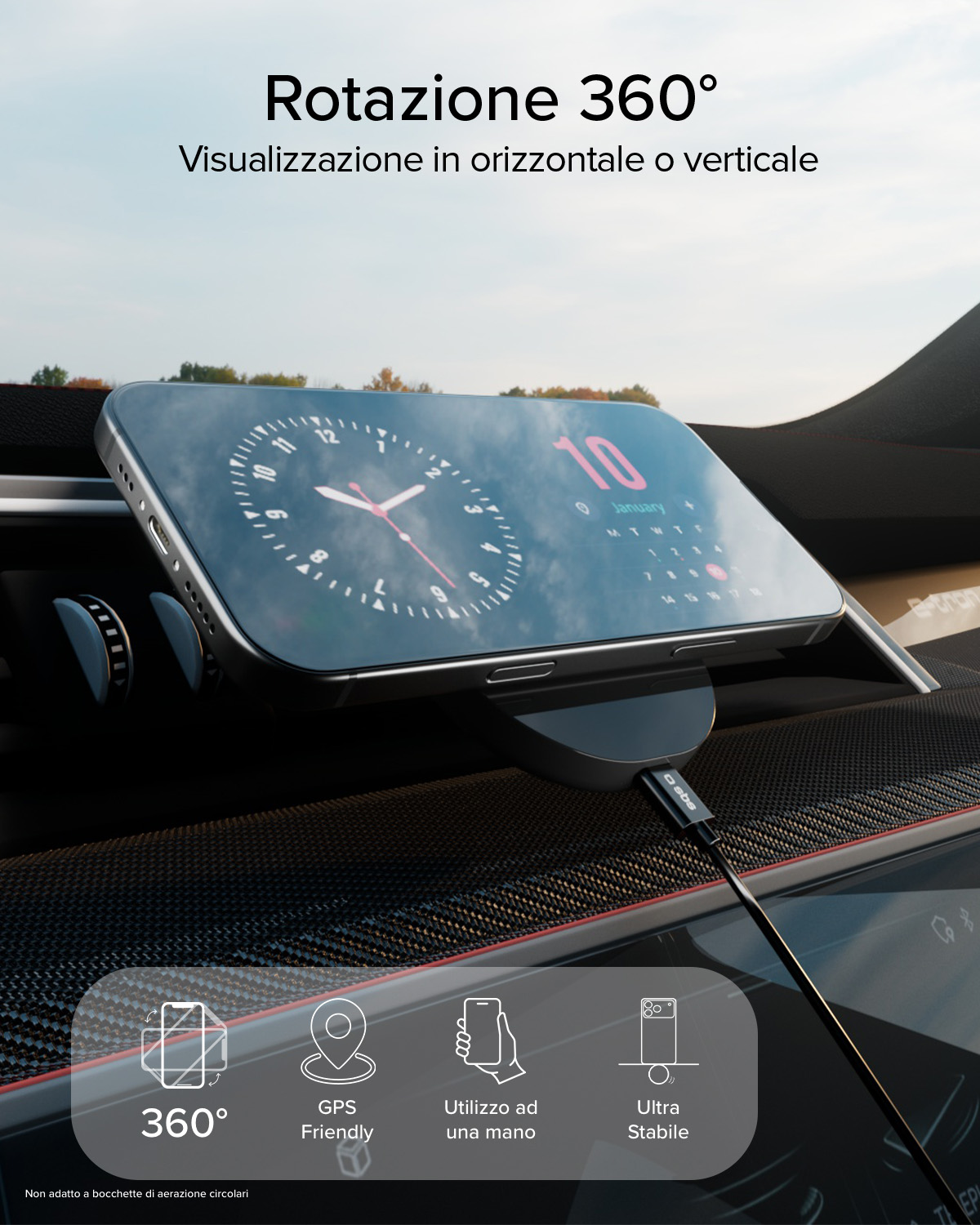 Ein Smartphone mit Uhranzeige ist in einem Auto montiert. Es zeigt 360 Grad Drehung.