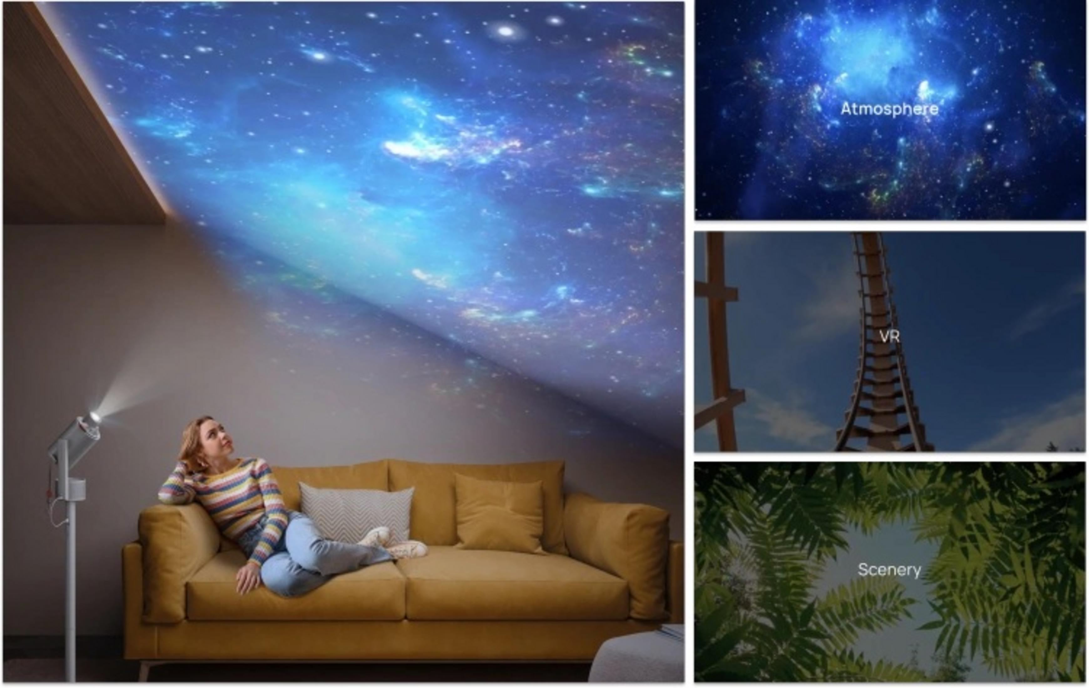 Femme sur canapé regarde projecteur d'étoiles; rail de montagnes russes et feuilles.