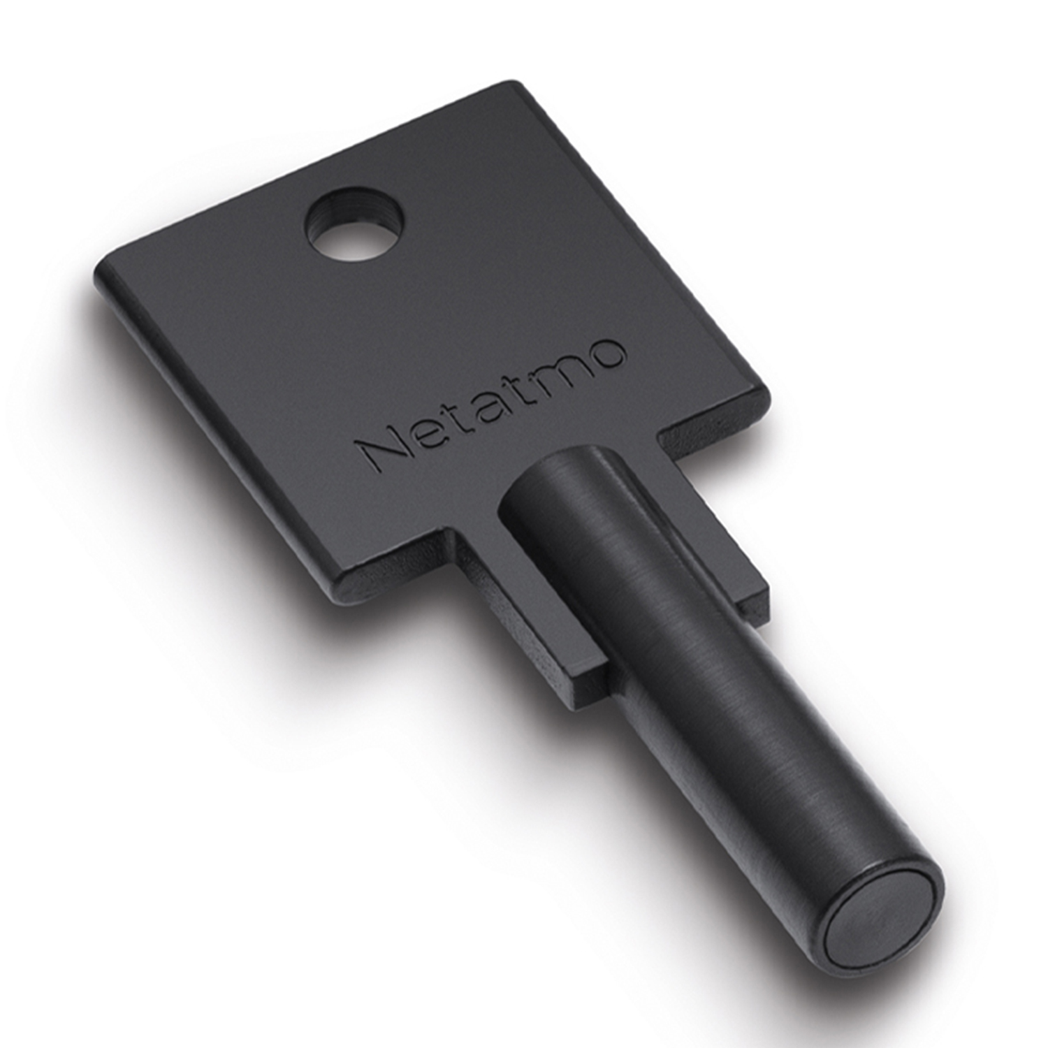 Una chiave Netatmo nera con foro rotondo e albero cilindrico.