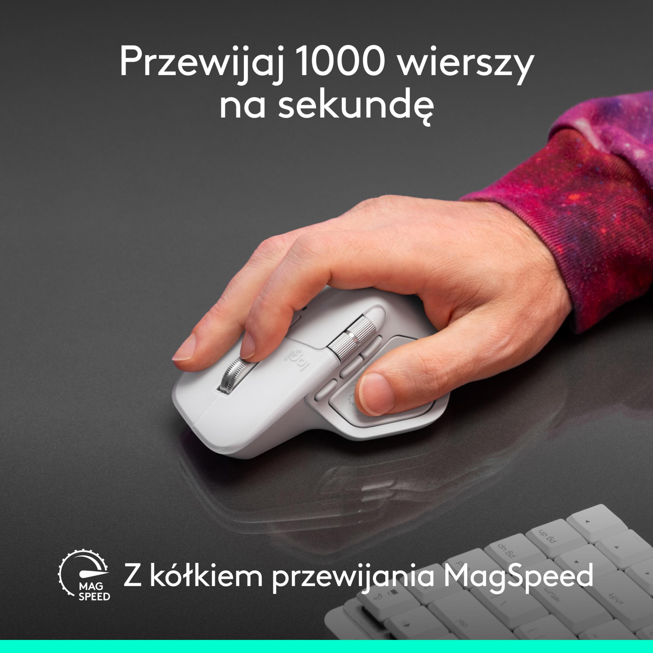Eine Hand benutzt eine weiße Logitech-Maus mit MagSpeed-Scrollrad.