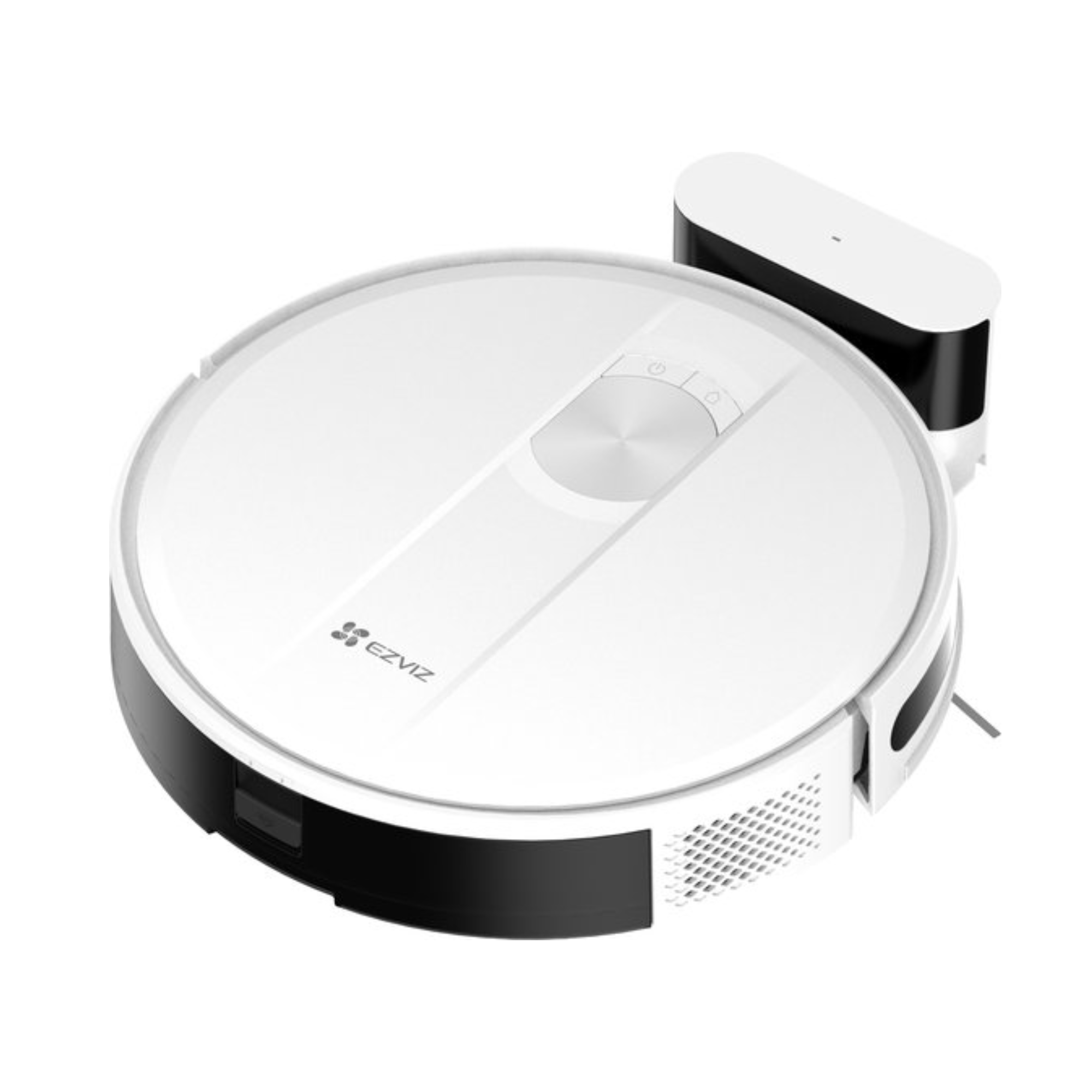 A white robot vacuum cleaner with charging base, close-up.