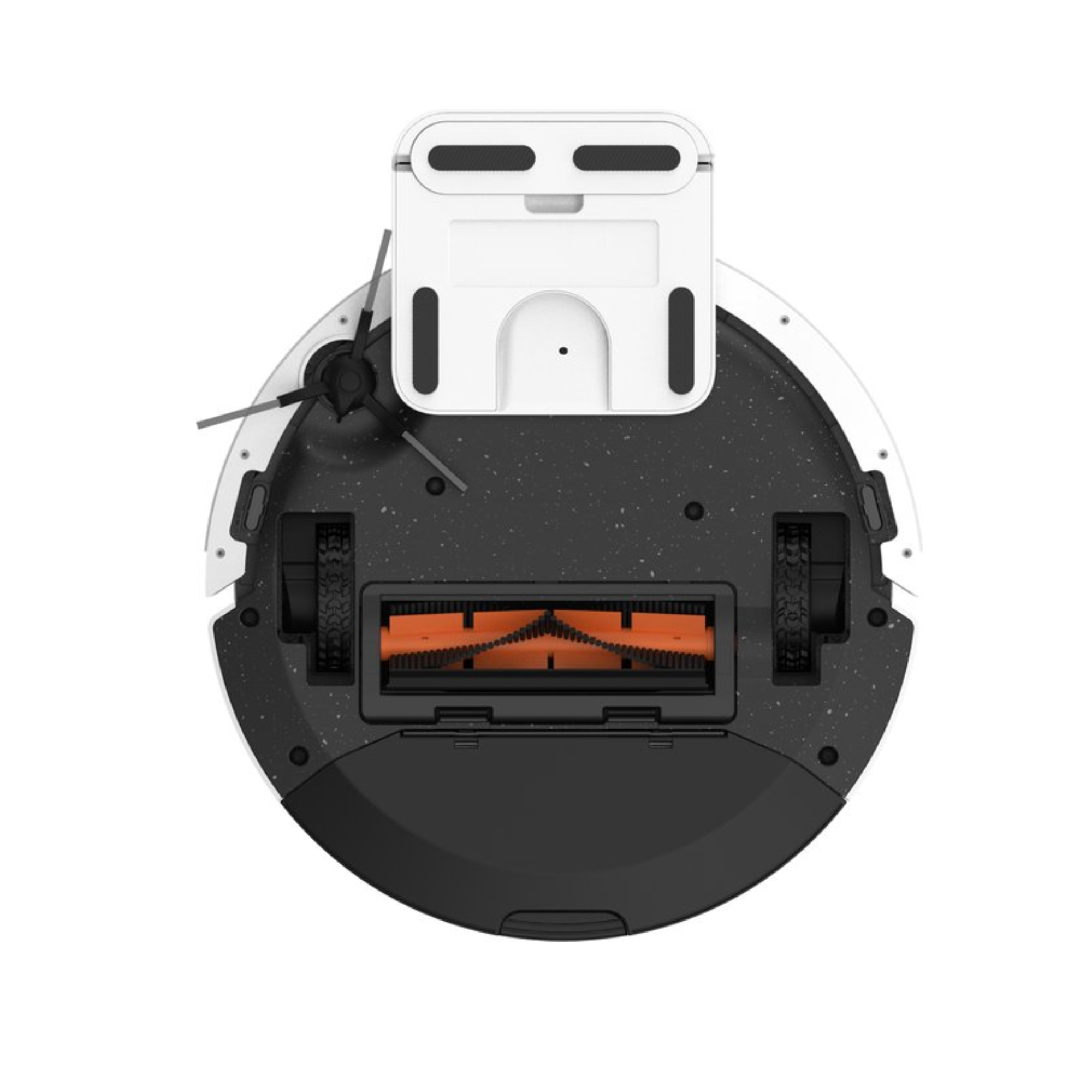 Underside of a white and black robot vacuum with an orange brush.