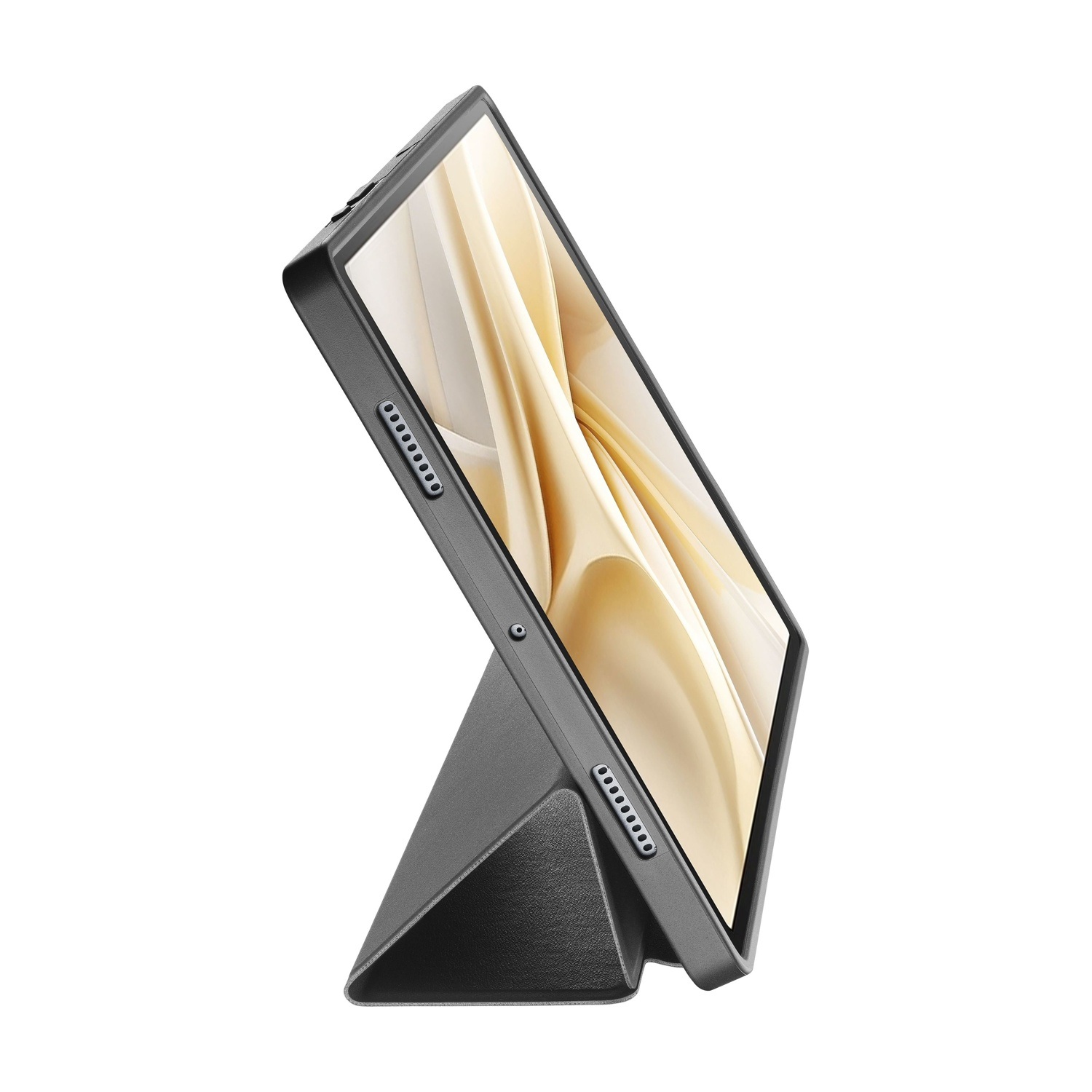 Graues Tablet in einer Schutzhülle mit Ständerfunktion, Nahaufnahme.