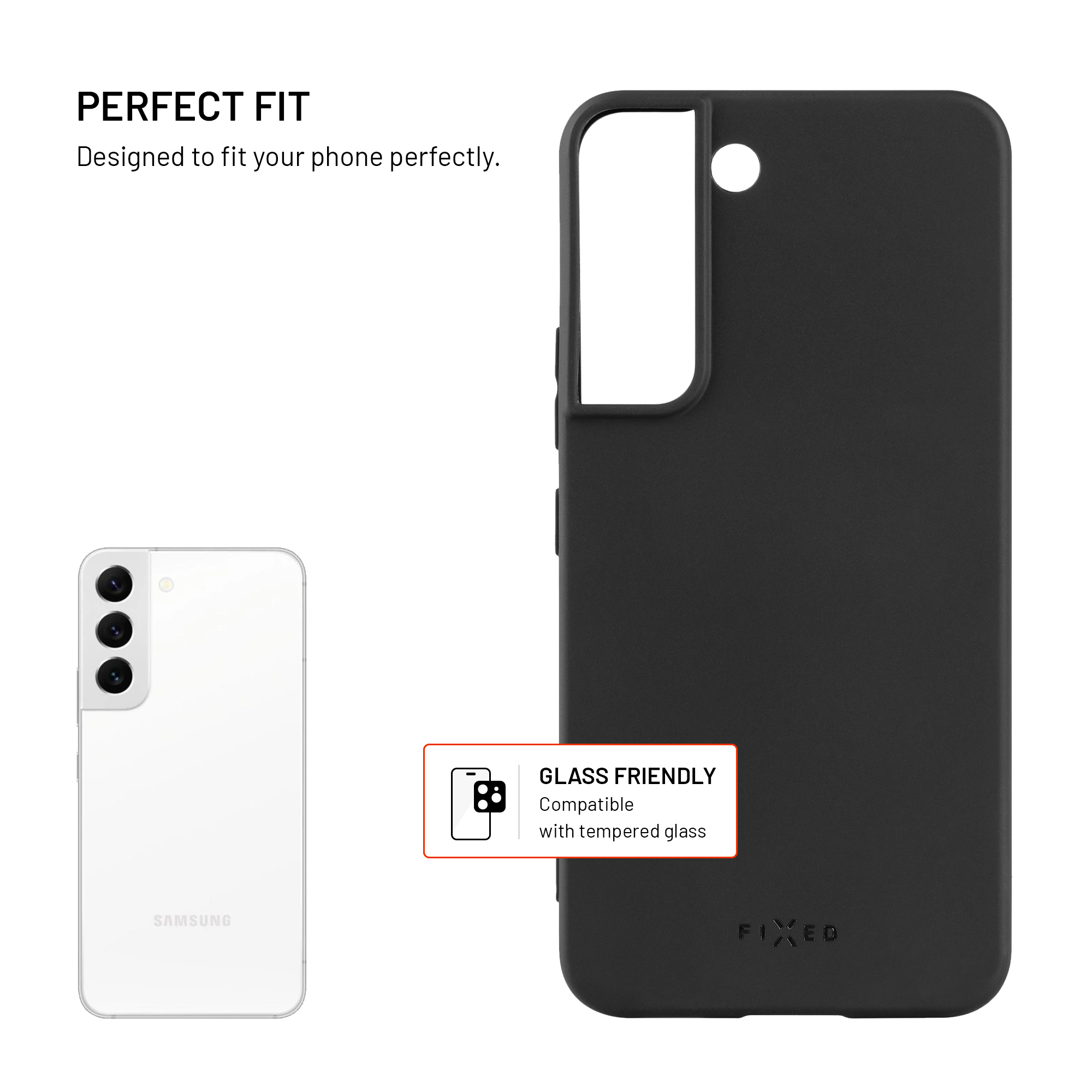 Schwarze Handyhülle neben einem weißen Smartphone mit drei Kameras.