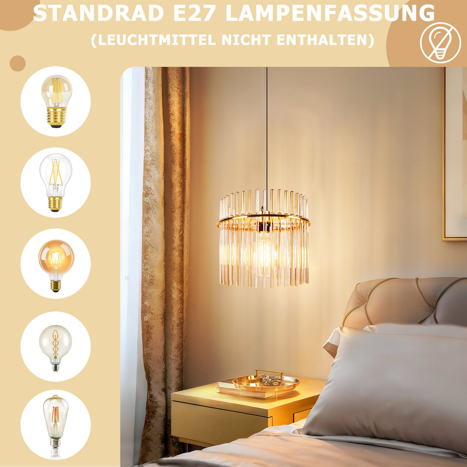 Una lampada con aste di vetro pende sopra un comodino e un letto.
