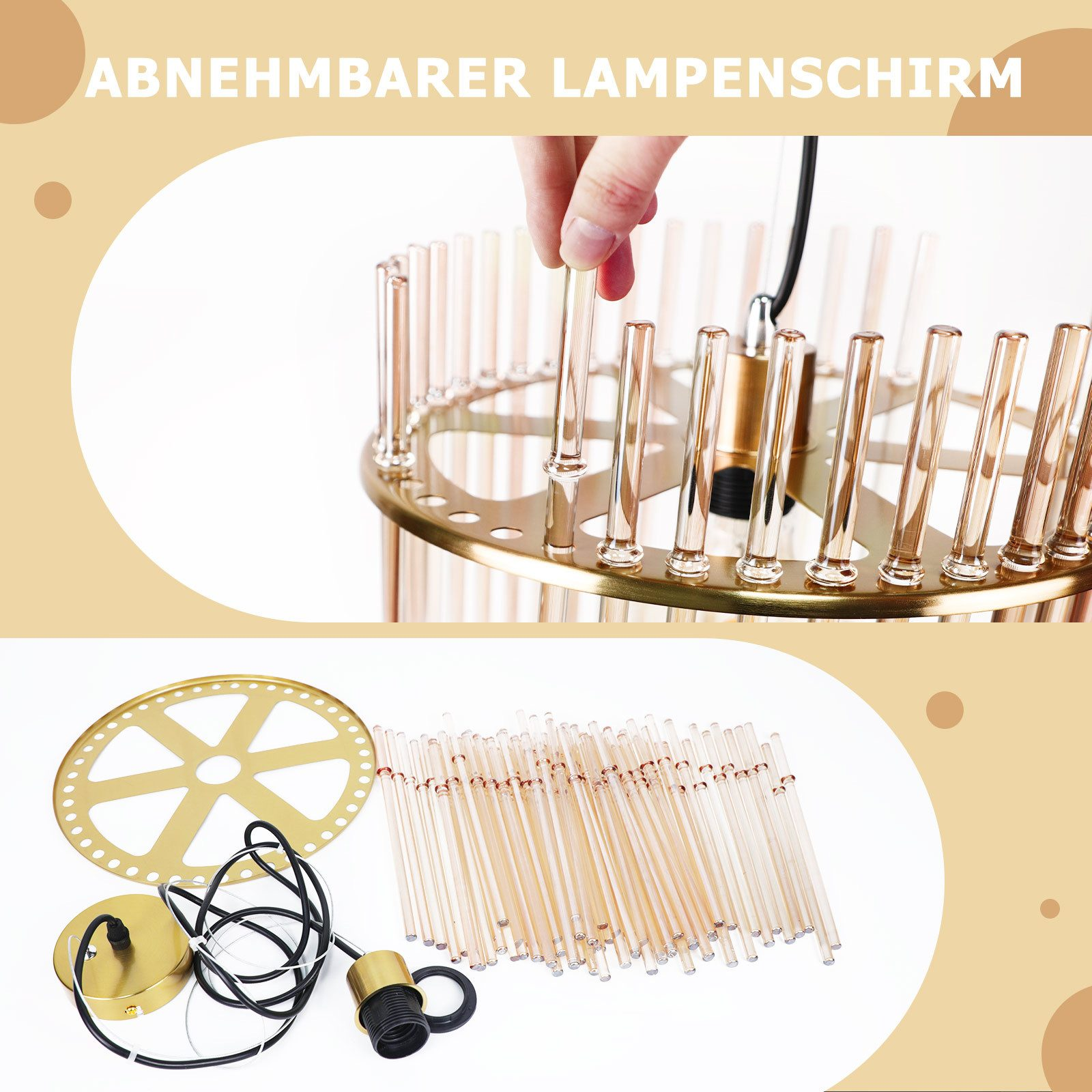 Un kit di lampadario con aste di vetro, telaio dorato e fili.
