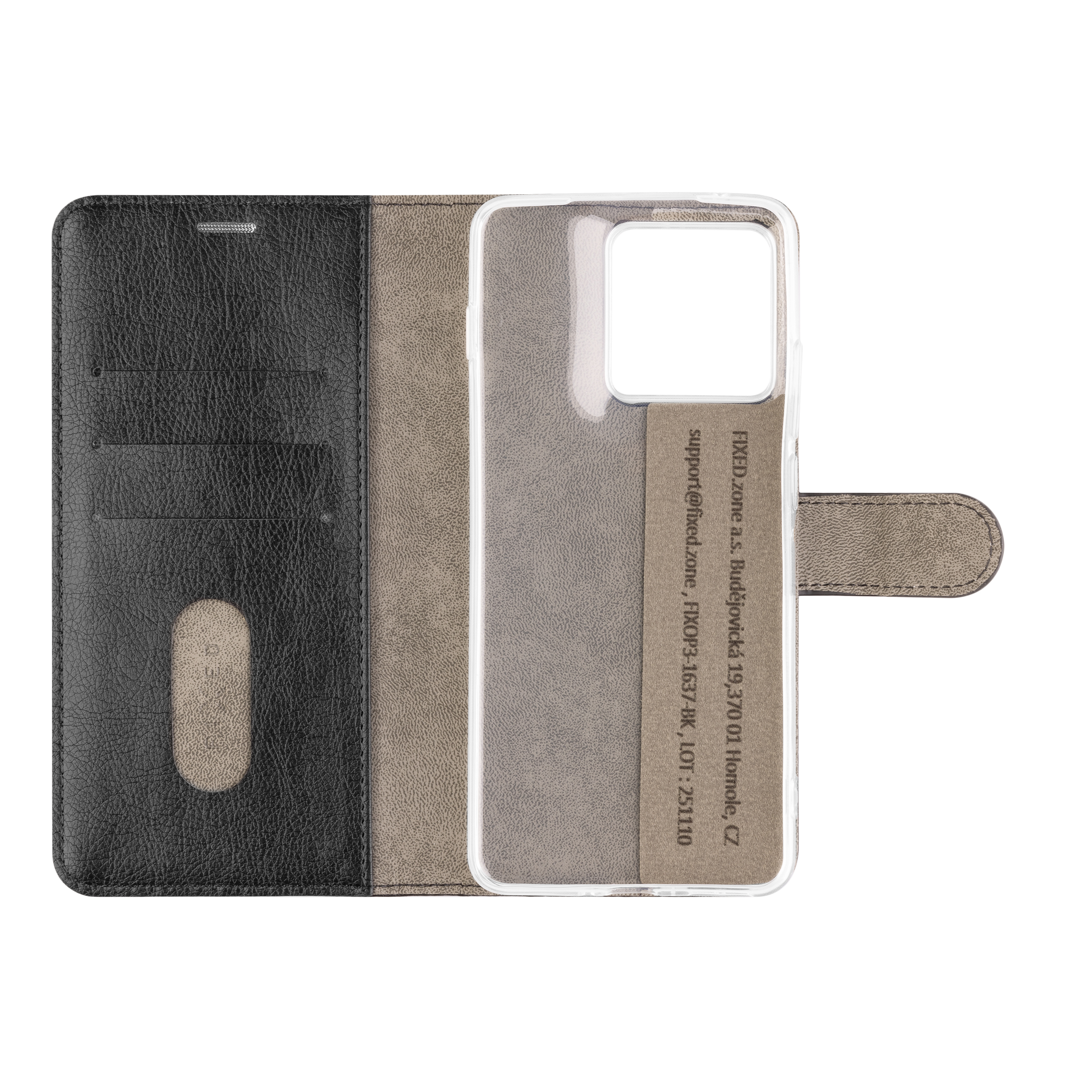Schwarzes Leder-Flip-Handyhülle mit durchsichtiger Rückseite und Kartenfächern.