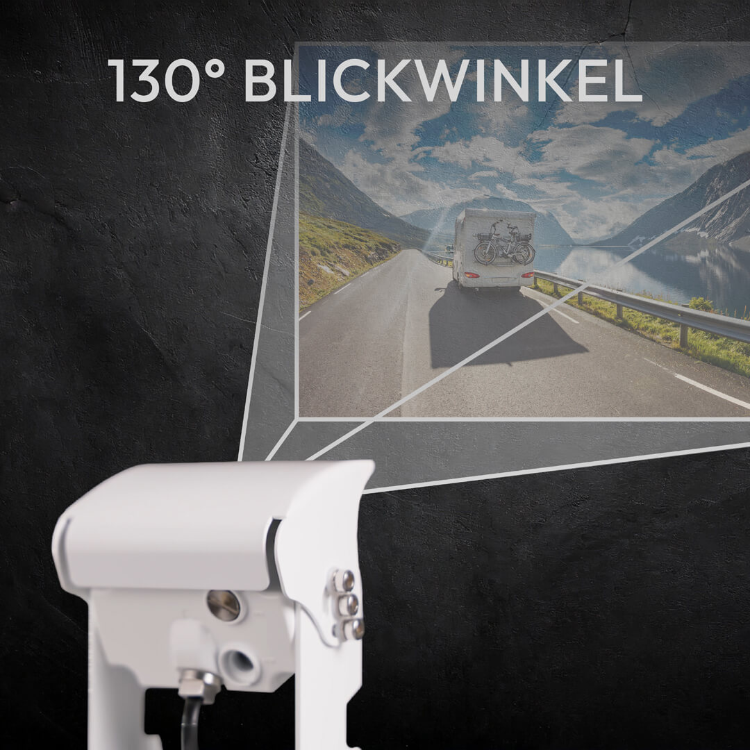 Eine weiße Kamera zeigt eine Wohnmobilansicht mit 130° Blickwinkel.