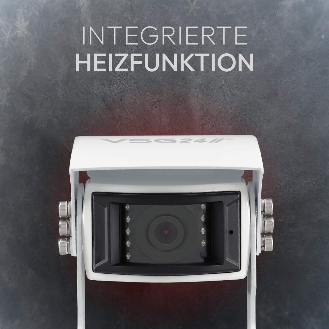 Eine weiße Kamera mit integrierter Heizfunktion vor dunklem Hintergrund.