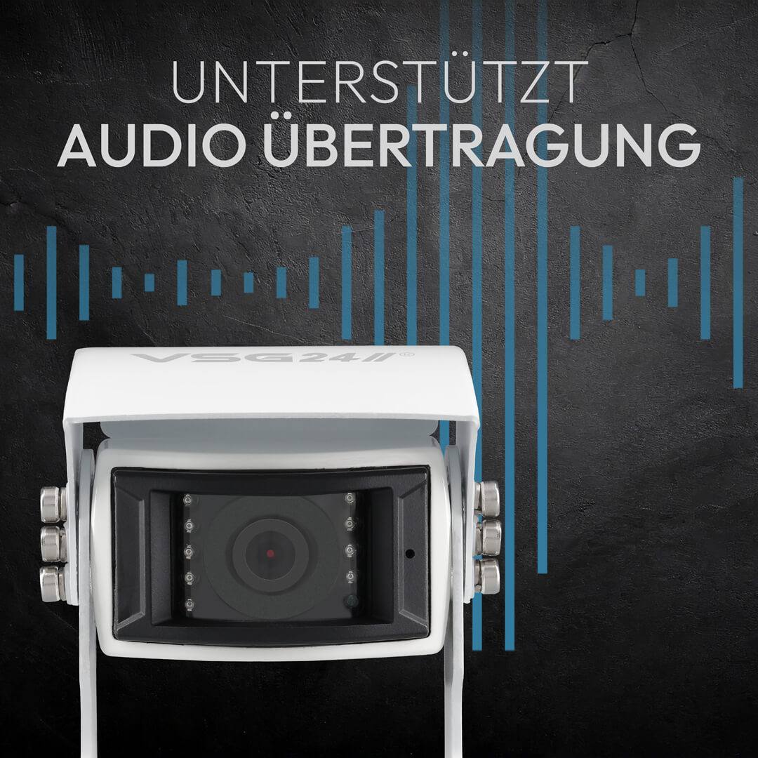Weiße Kamera mit rotem Punkt und Infrarot-LEDs, vor schwarzem Hintergrund.
