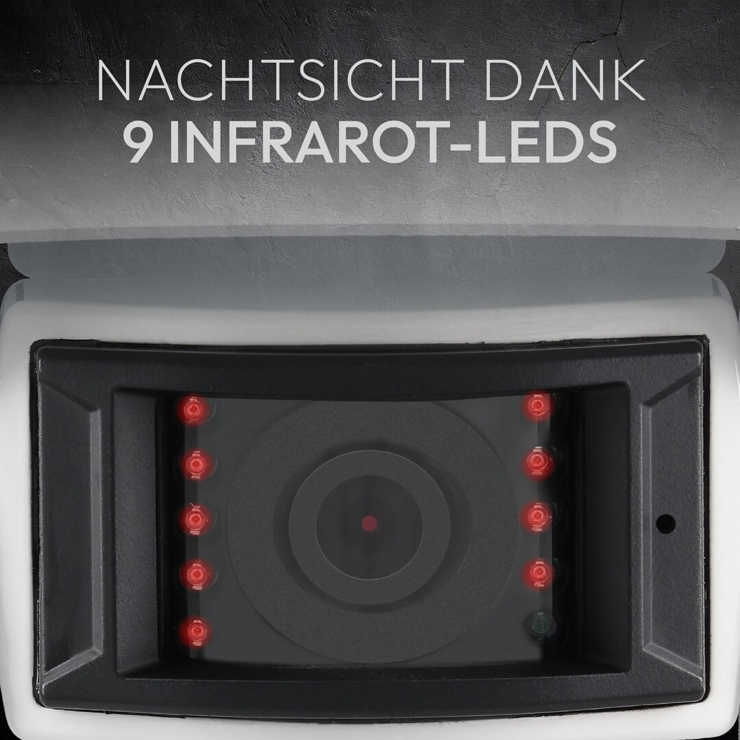 Überwachungskamera mit 9 roten Infrarot-LEDs für Nachtsicht.