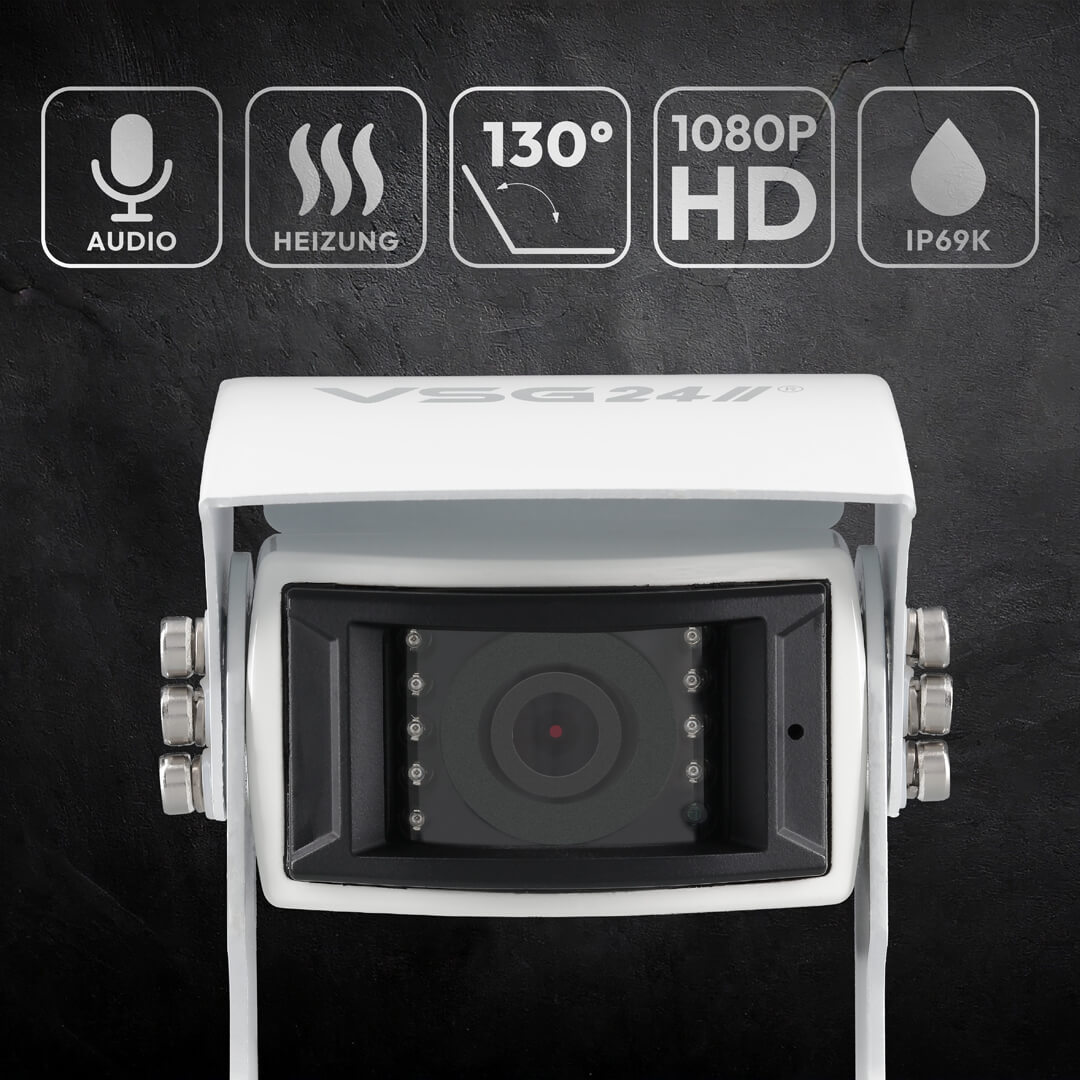 Weiße Kamera mit Audio, Heizung, 130° Weitwinkel, 1080P HD und IP69K.