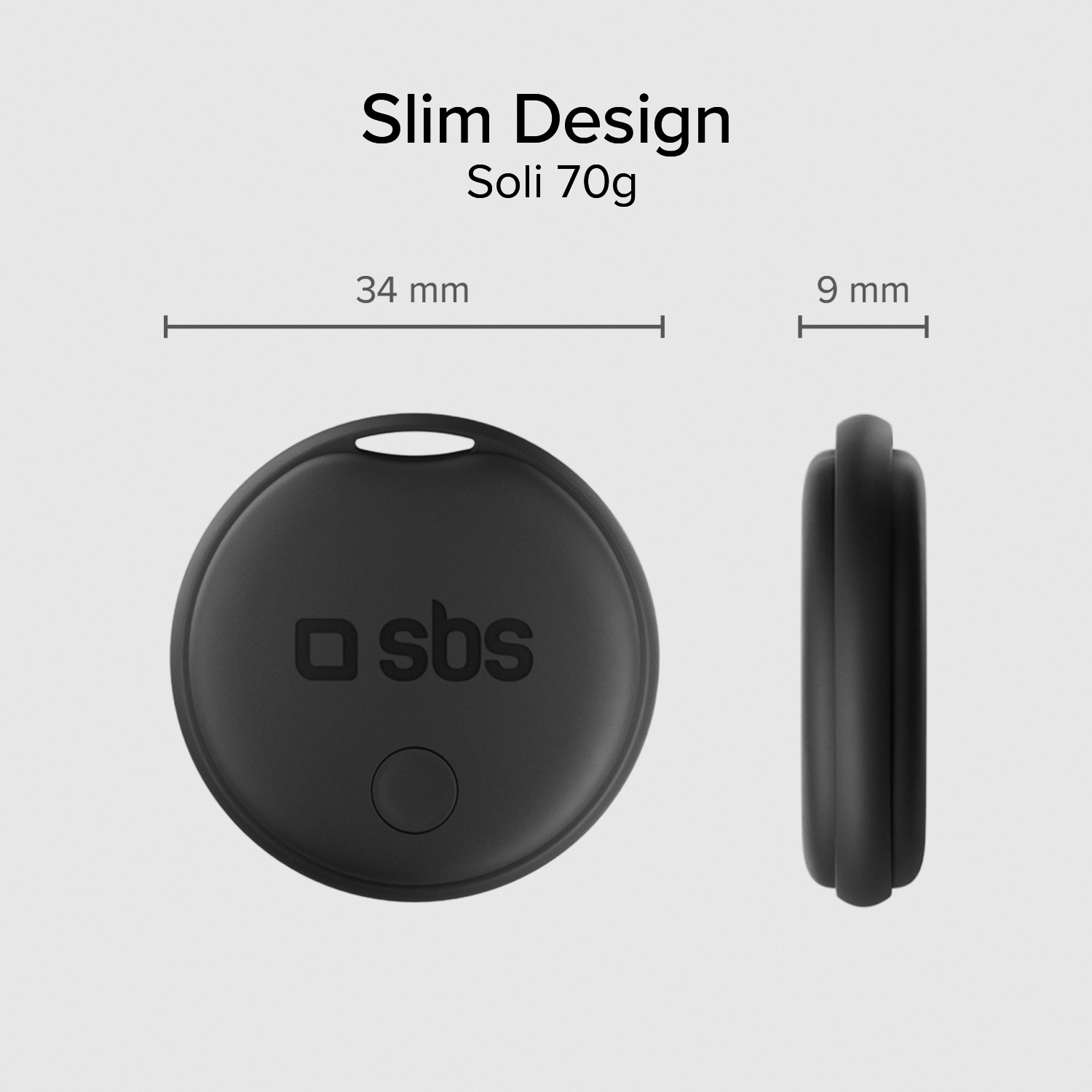 Tracciatore rotondo nero, largo 34 mm, spesso 9 mm. 'Soli 70g'.