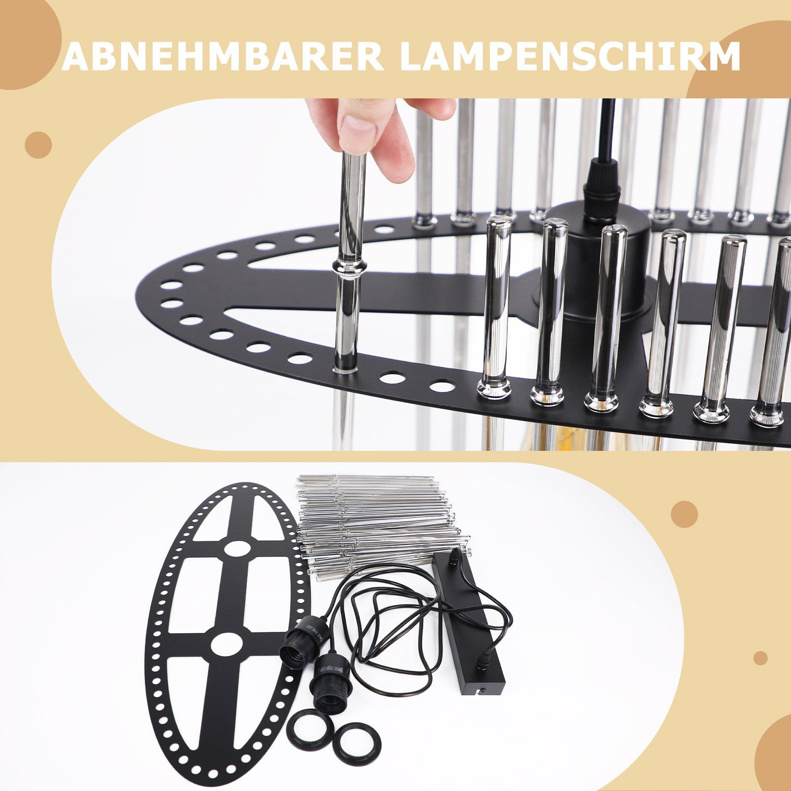 Ein Mann montiert einen Lampenschirm mit silbernen Stäben. Unten liegen die Einzelteile.