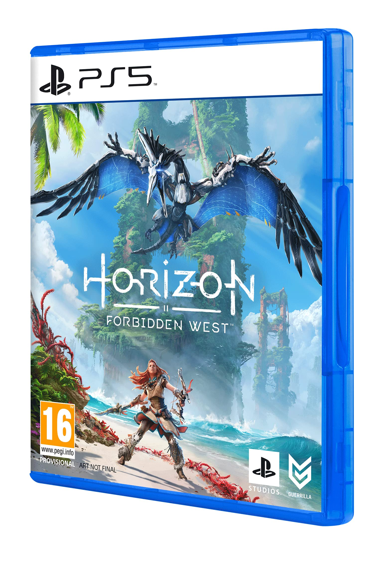 Okładka gry Horizon Forbidden West PS5 z Aloy, robotem i bujną przyrodą.
