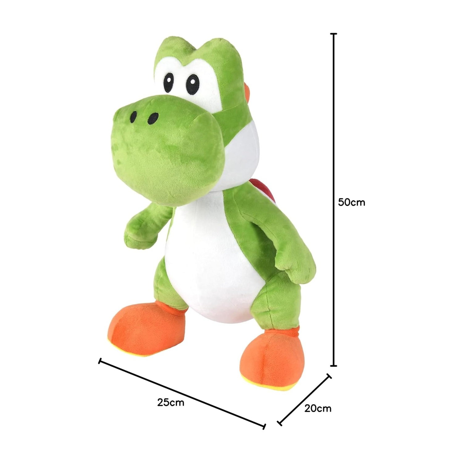 Ein grüner Yoshi-Plüsch mit weißen und roten Akzenten, 50cm hoch.