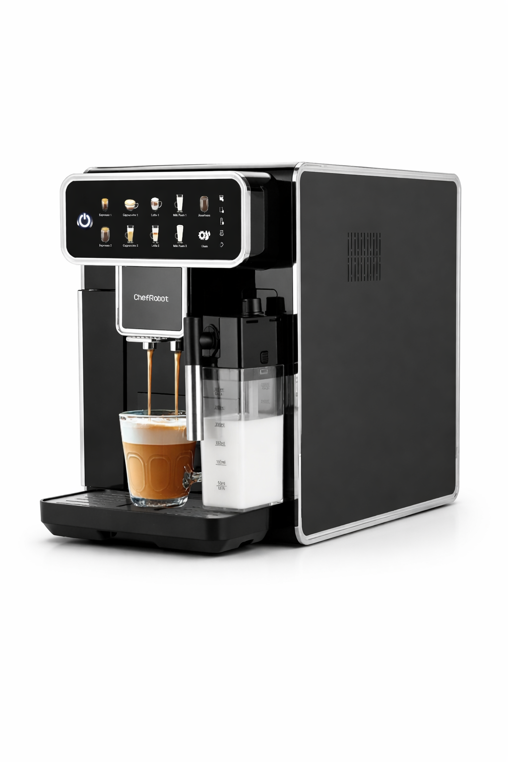 Eine schwarze Kaffeemaschine brüht einen cremigen Kaffee in ein Glas mit Milchbehälter.