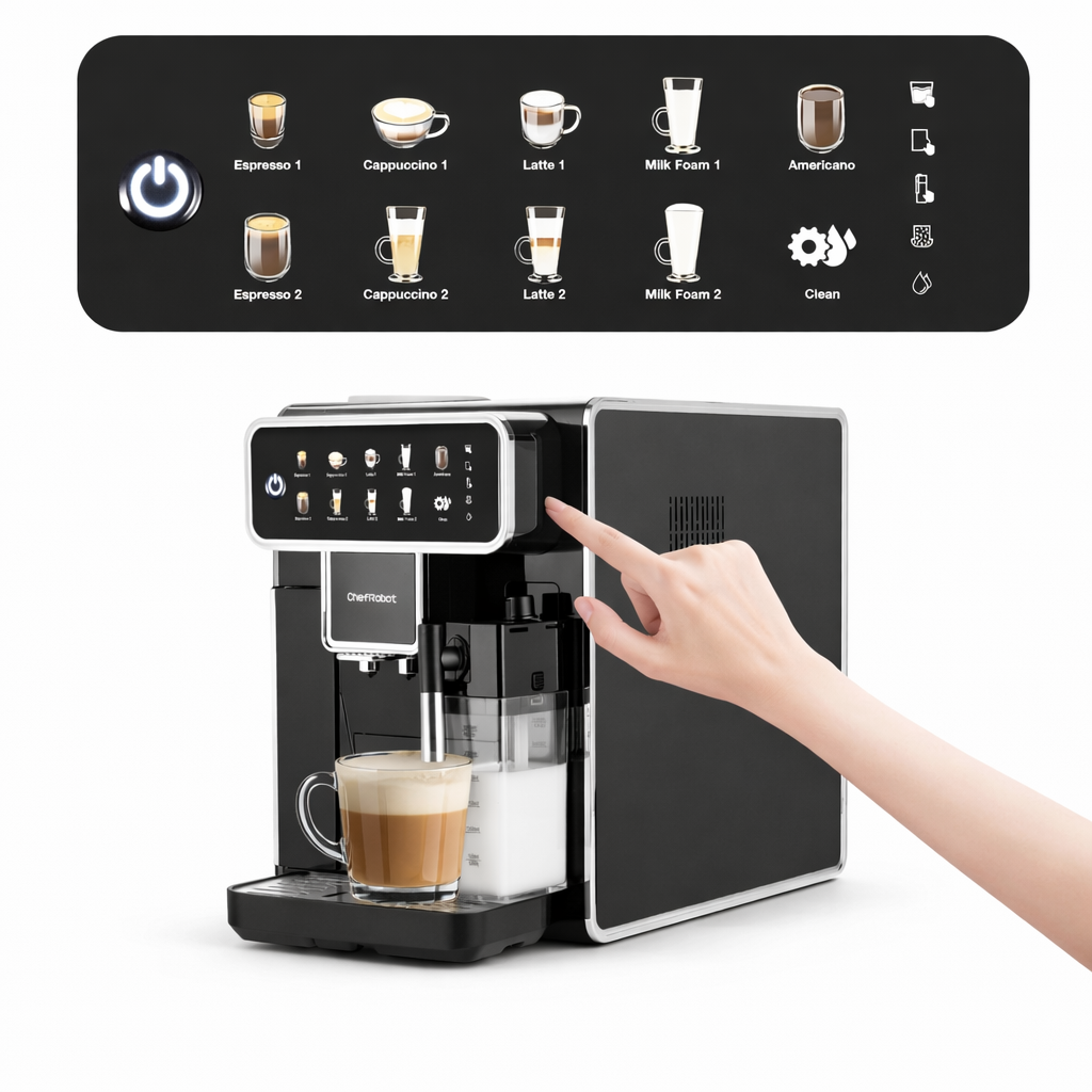 Eine Hand bedient eine Kaffeemaschine mit Touchscreen und fertigt ein Getränk an.