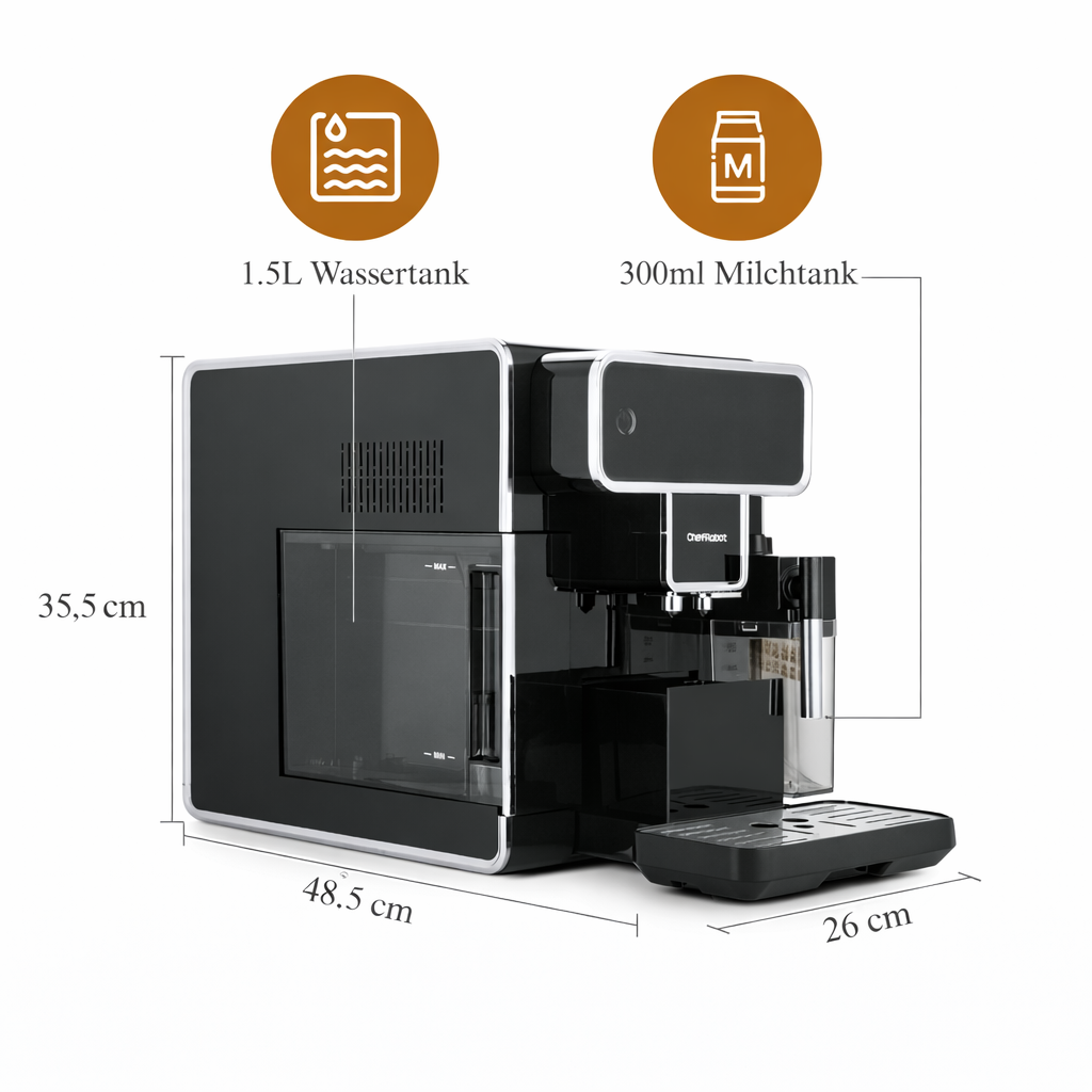 Schwarze Kaffeemaschine mit Maßen: 35,5x48,5x26 cm. 1,5L Wassertank.
