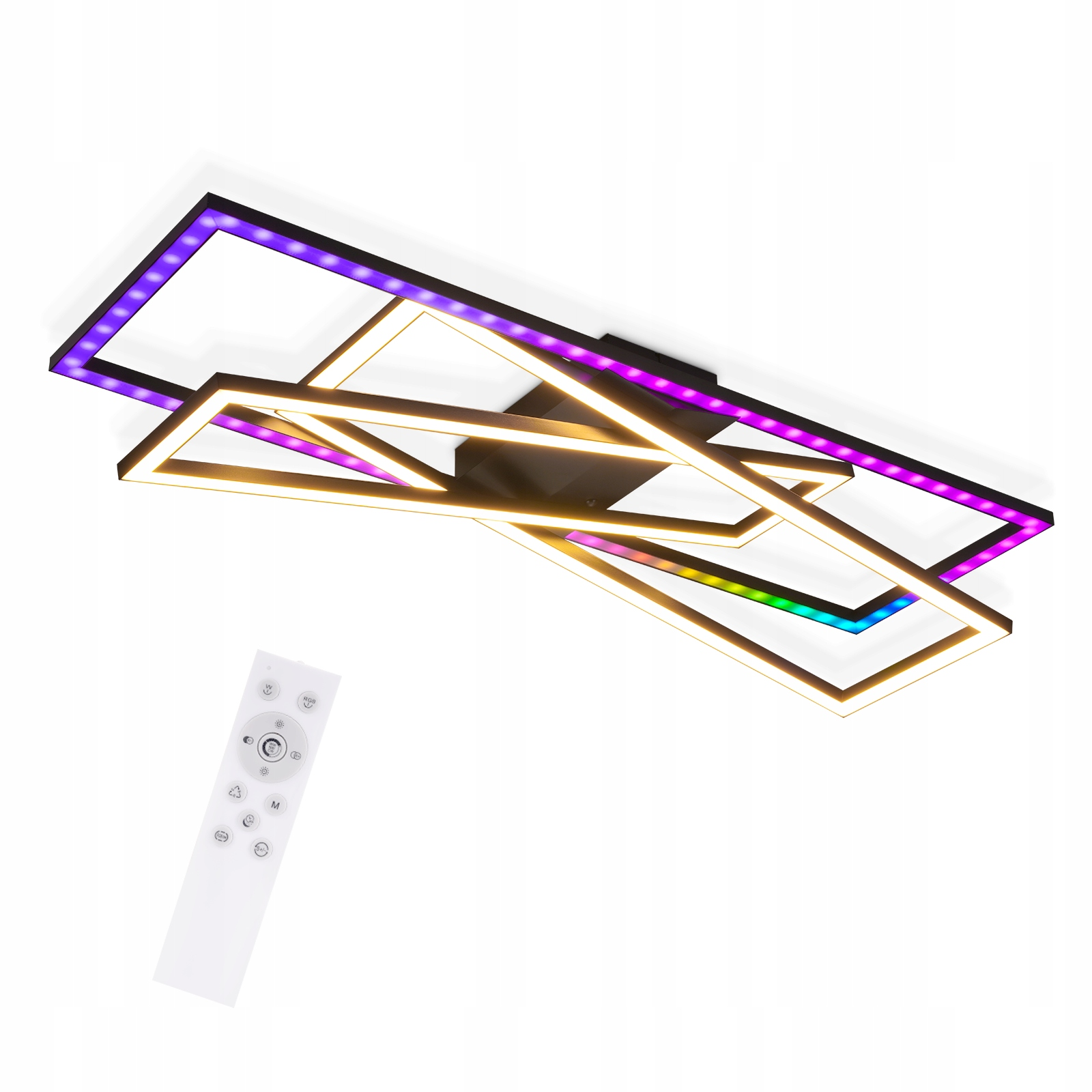 Lampada da soffitto moderna con cornici rettangolari e LED RGB, telecomando accanto.