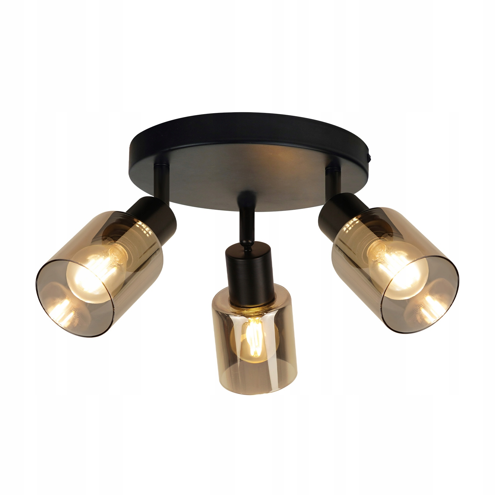 Plafoniera nera con tre cilindri in vetro e lampadine.
