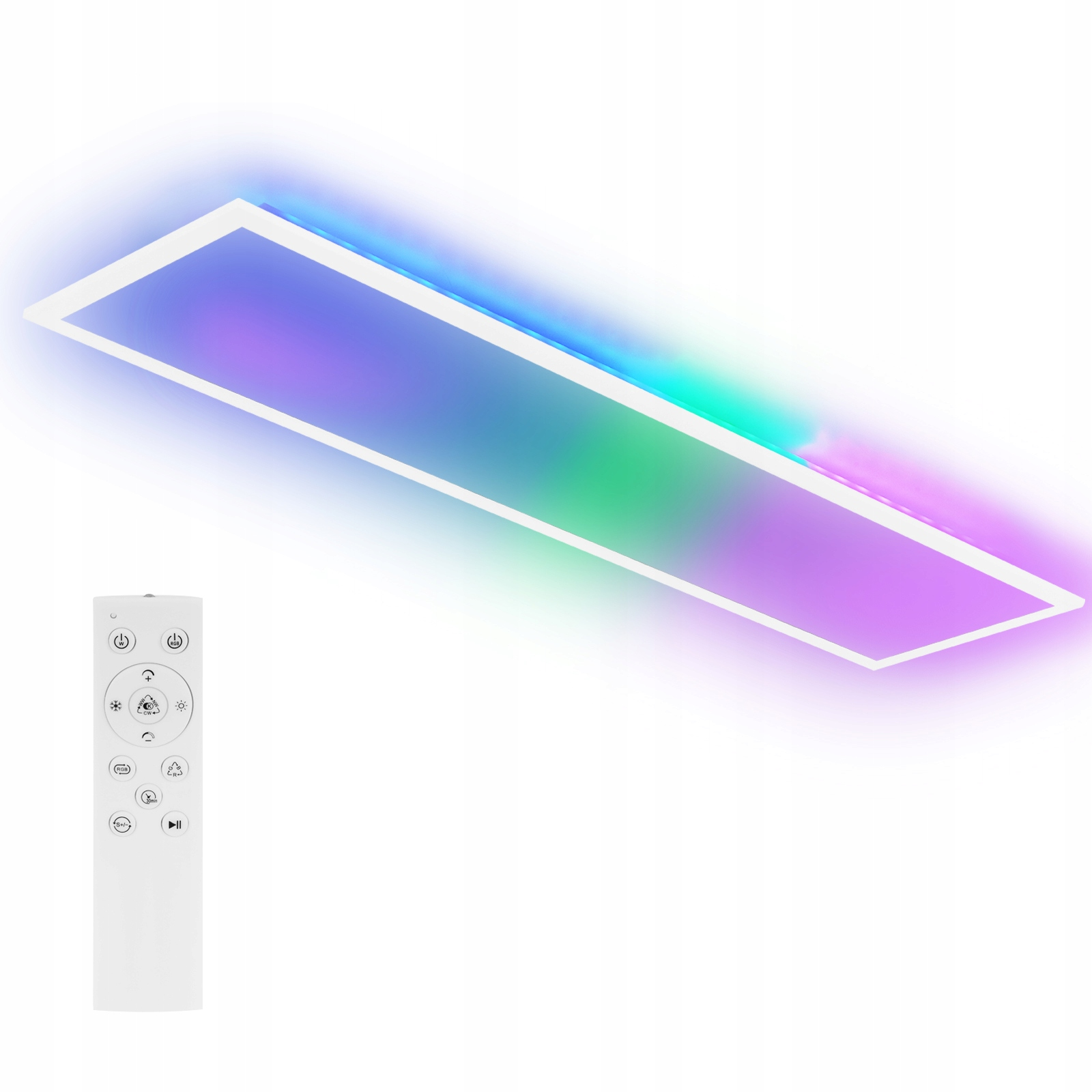 Un telecomando bianco accanto a una lampada rettangolare con luci colorate.