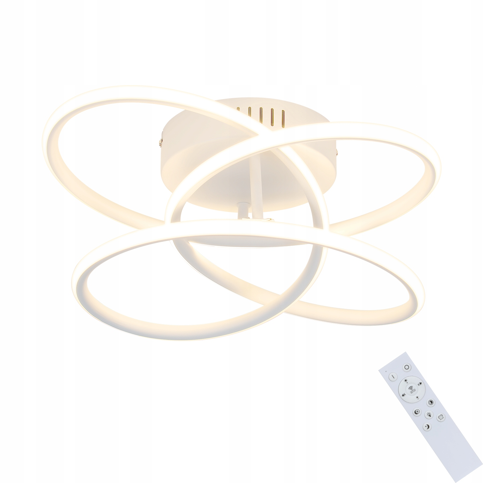 Lampada da soffitto bianca moderna con anelli intrecciati e telecomando.