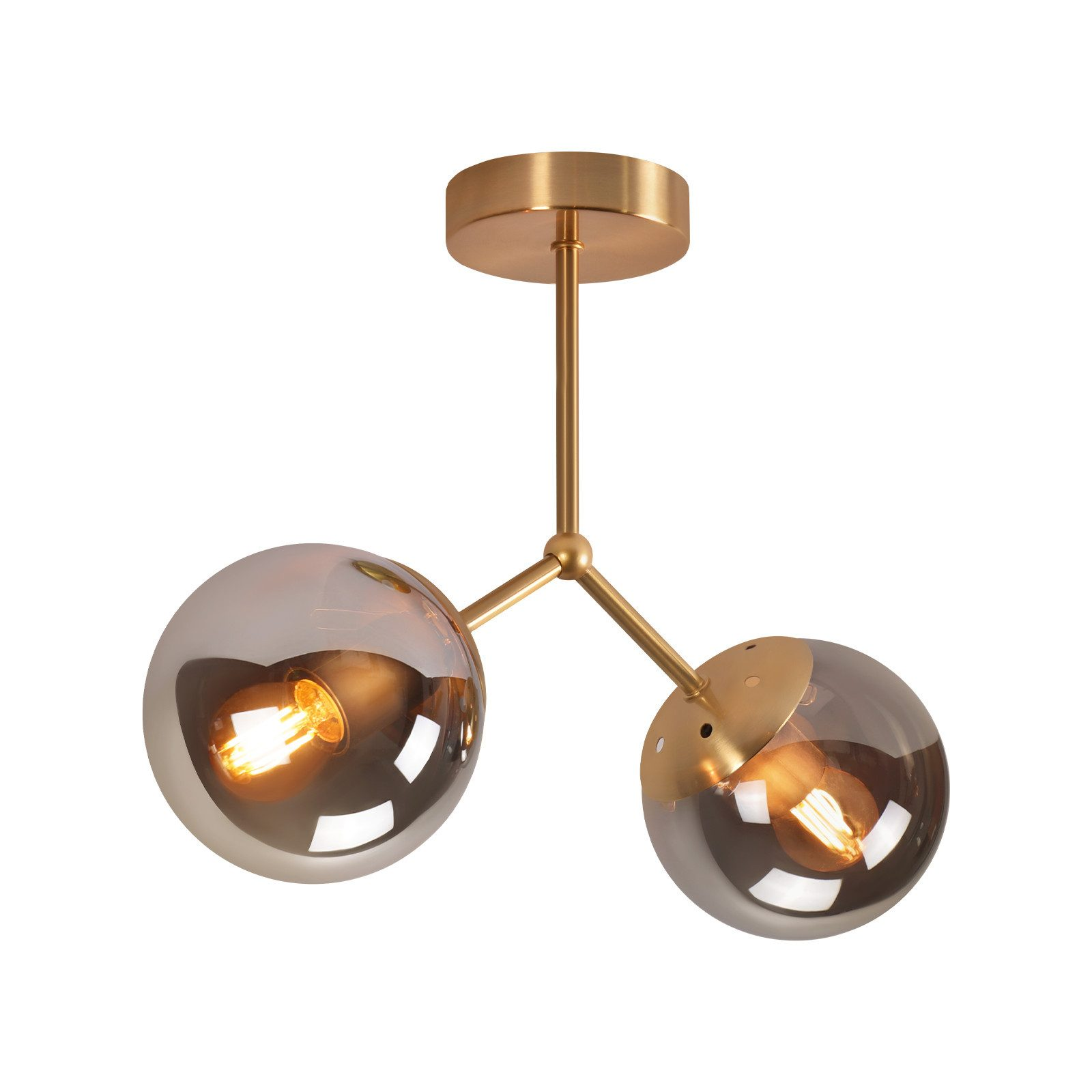 Lampada da soffitto in ottone a due bracci con globi in vetro fumé e lampadine a vista.