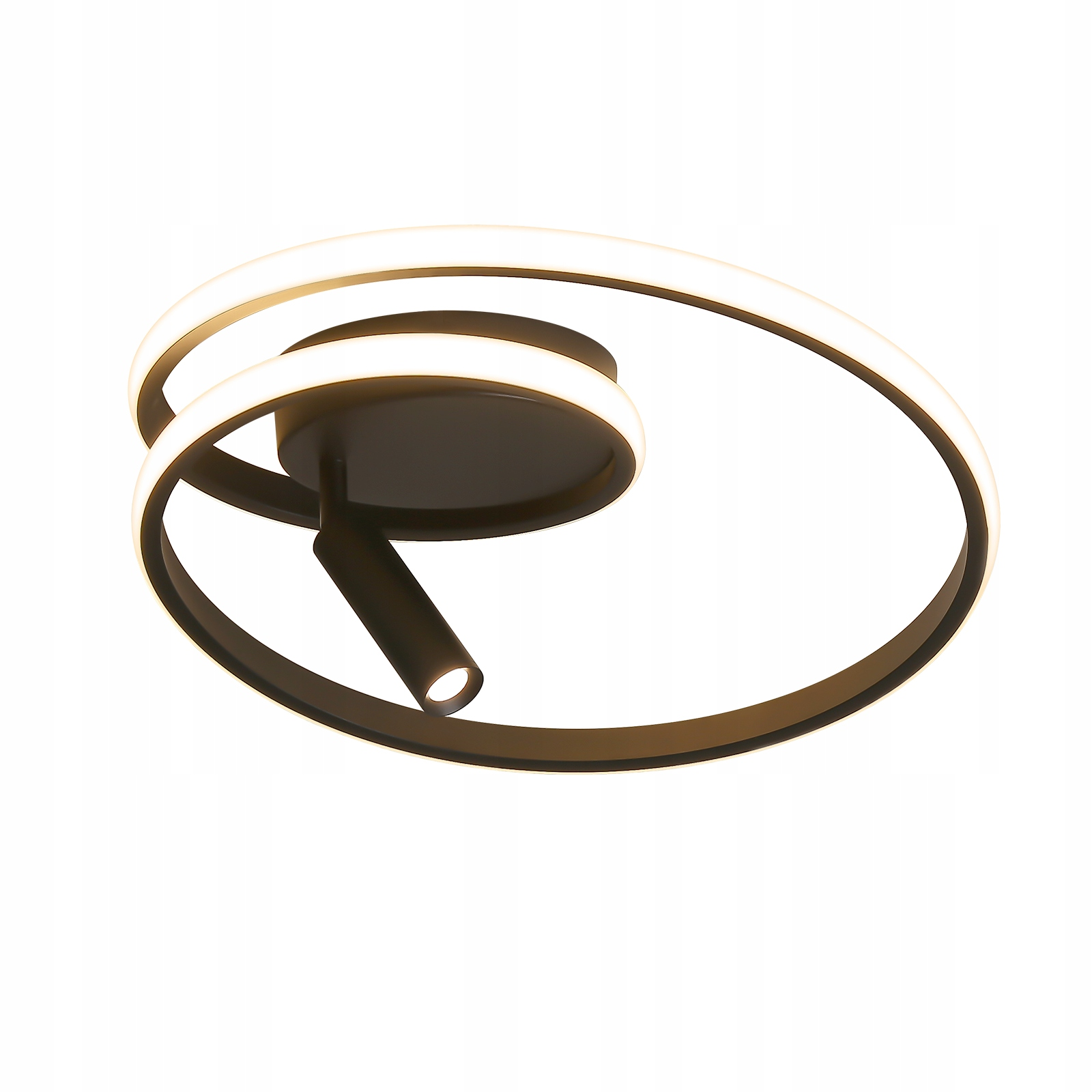 Plafoniera moderna con base scura, anelli curvi e illuminazione a LED.