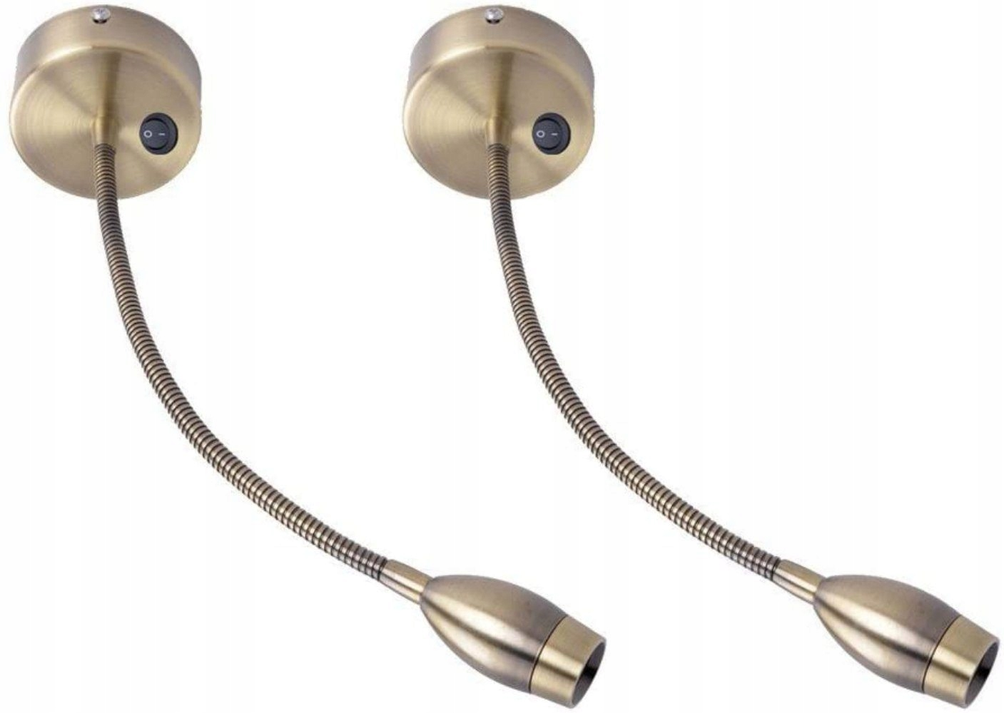 Due lampade a collo d'oca in ottone anticato con interruttori, sfondo bianco.