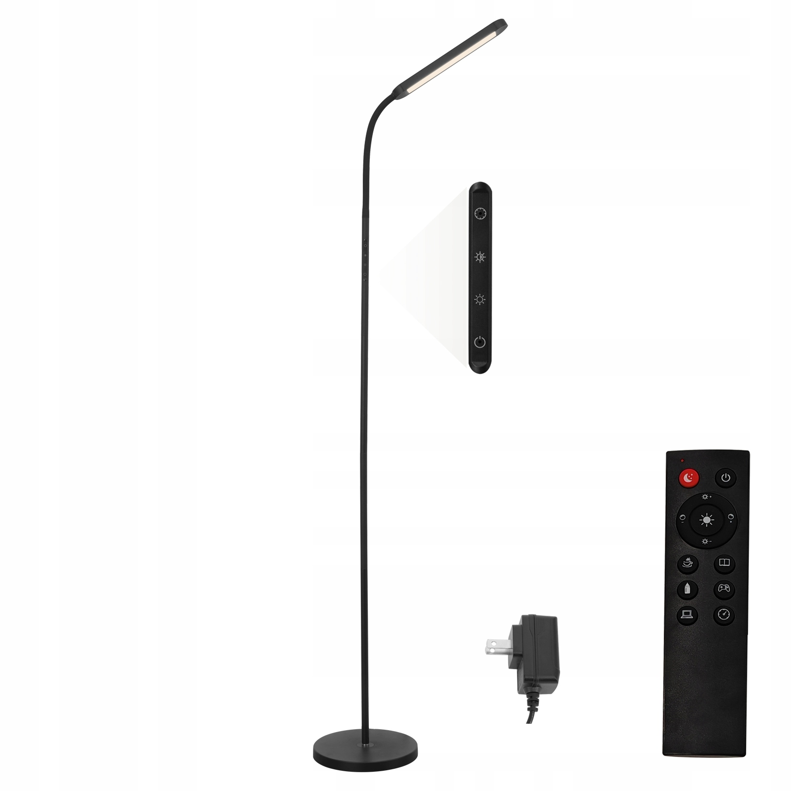 Una lampada da terra nera con telecomando, alimentatore e pannello di controllo.