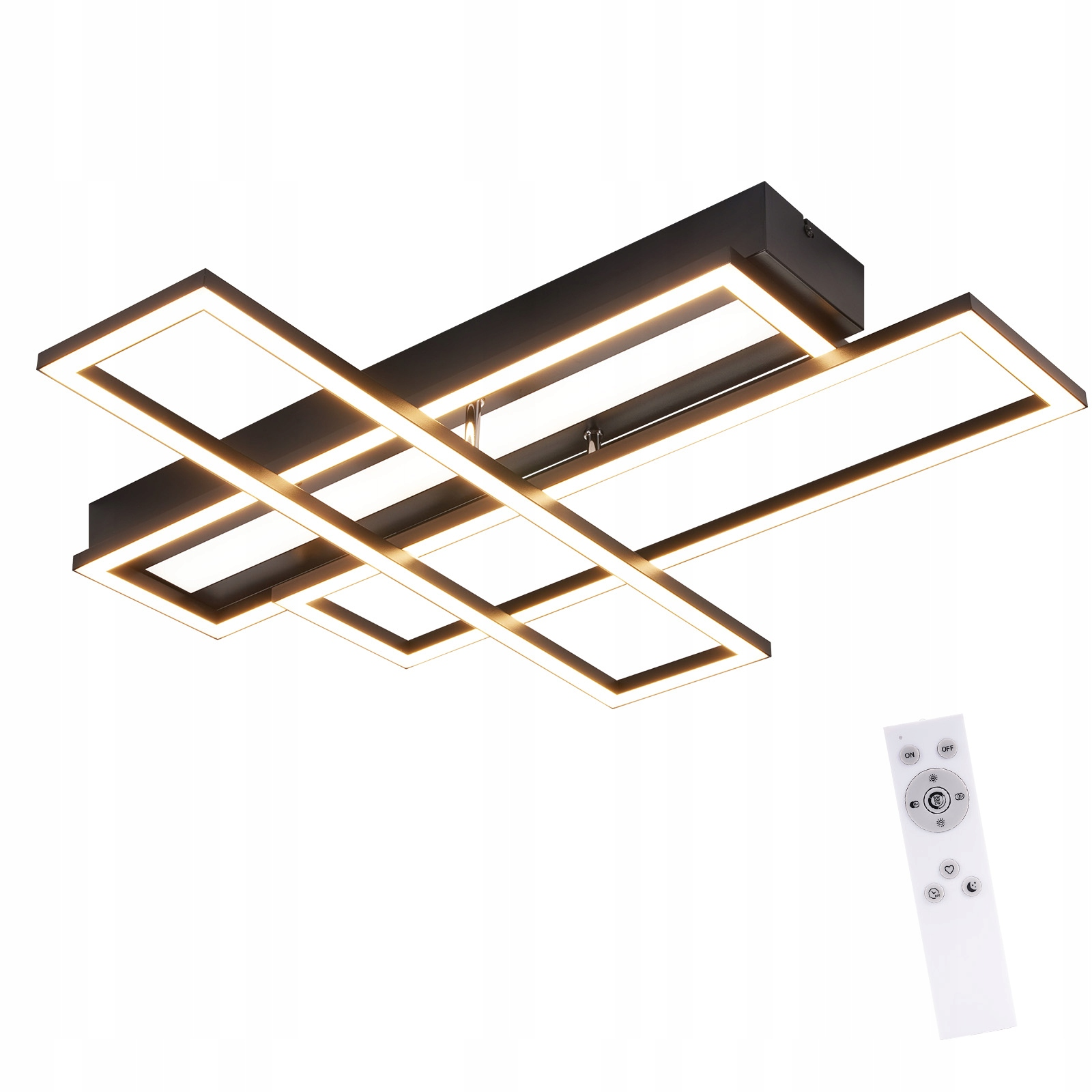 Lampada da soffitto nera con cornici rettangolari e telecomando.