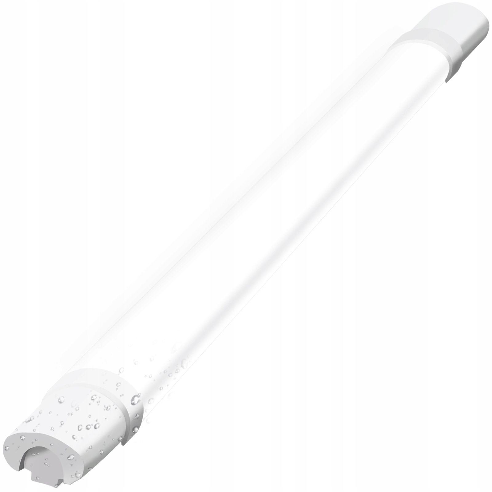 Un tubo bianco con goccioline d'acqua sulla sua estremità sinistra.