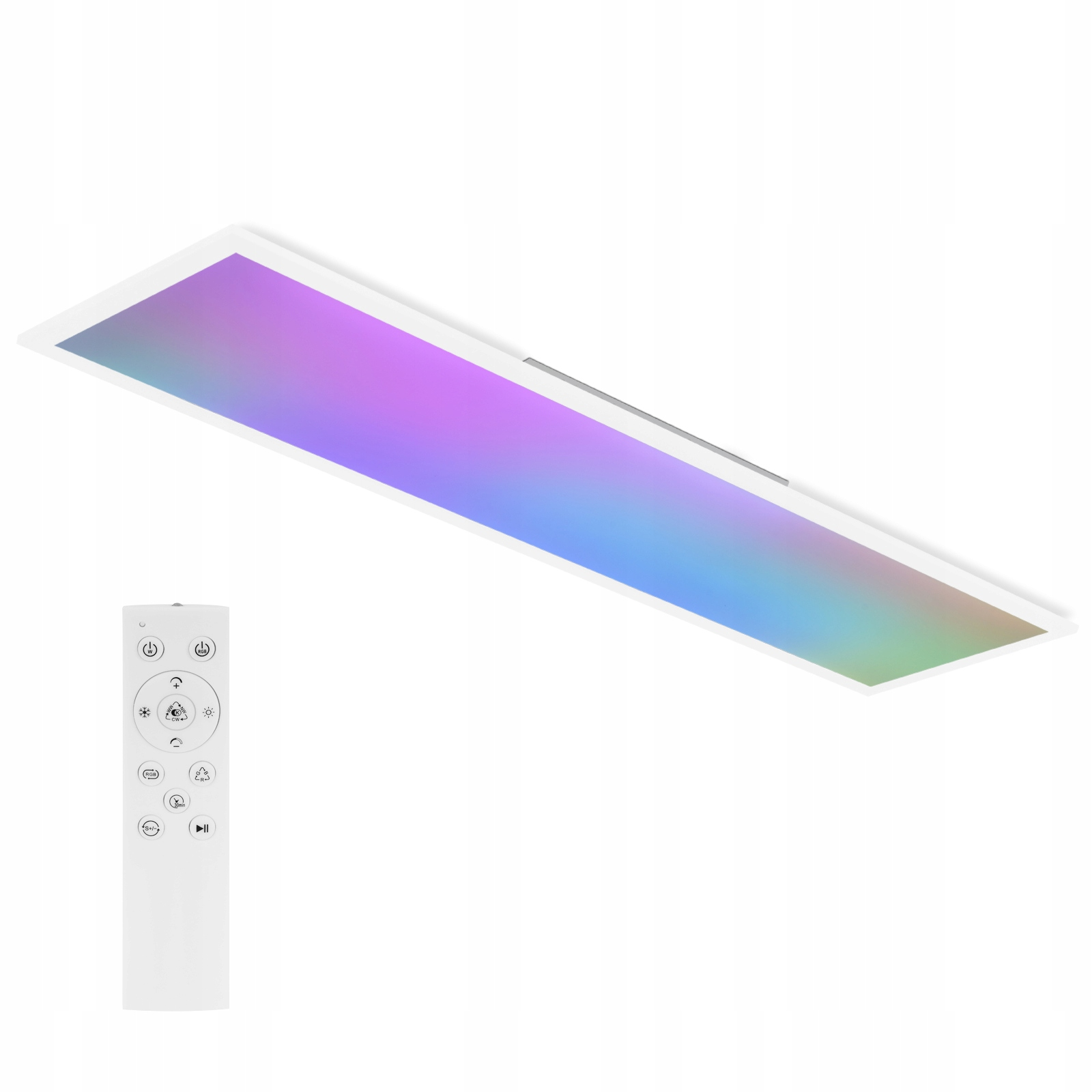 Una plafoniera rettangolare con gradiente di colore e un telecomando bianco.