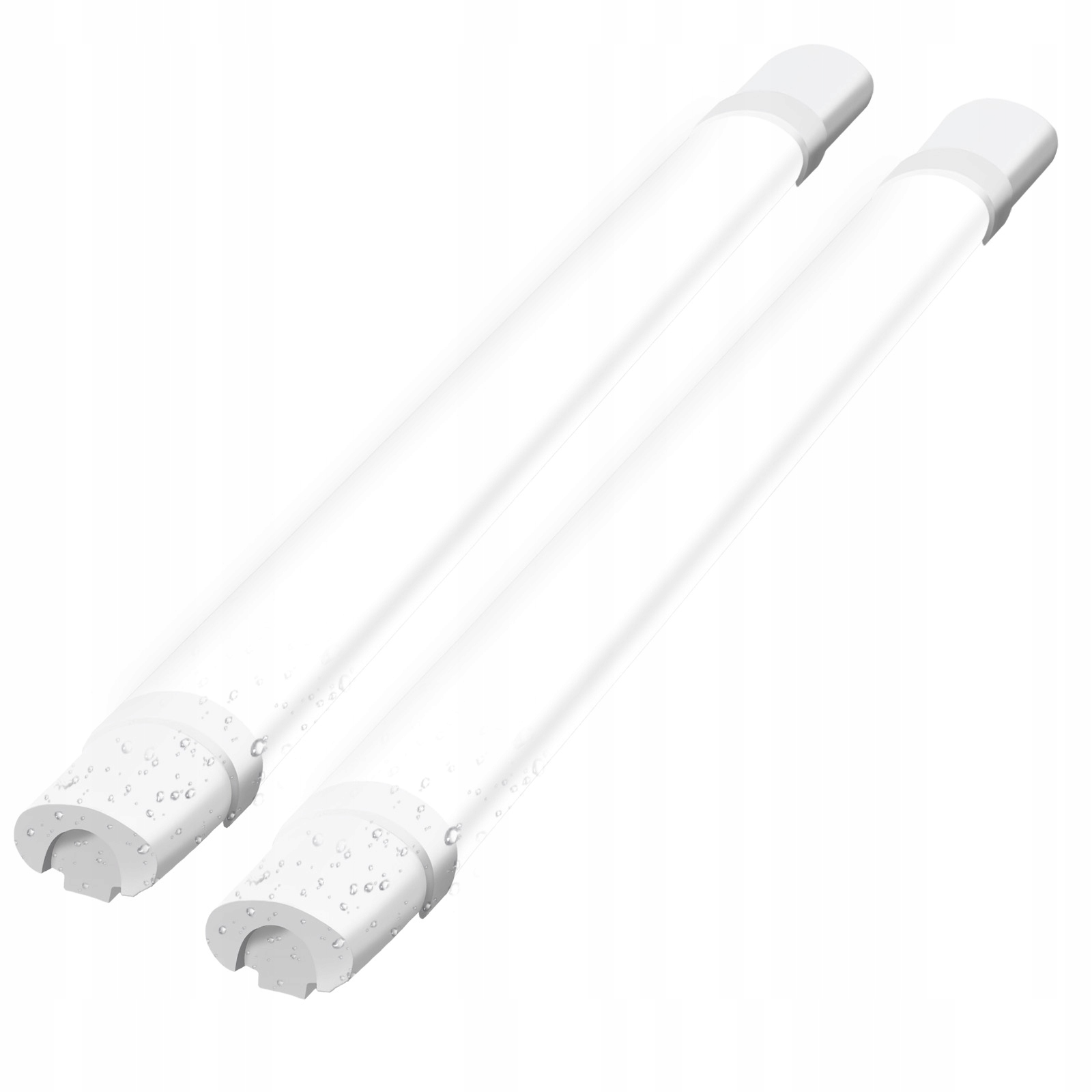 Due tubi fluorescenti bianchi con gocce d'acqua sui tappi giacciono diagonalmente.