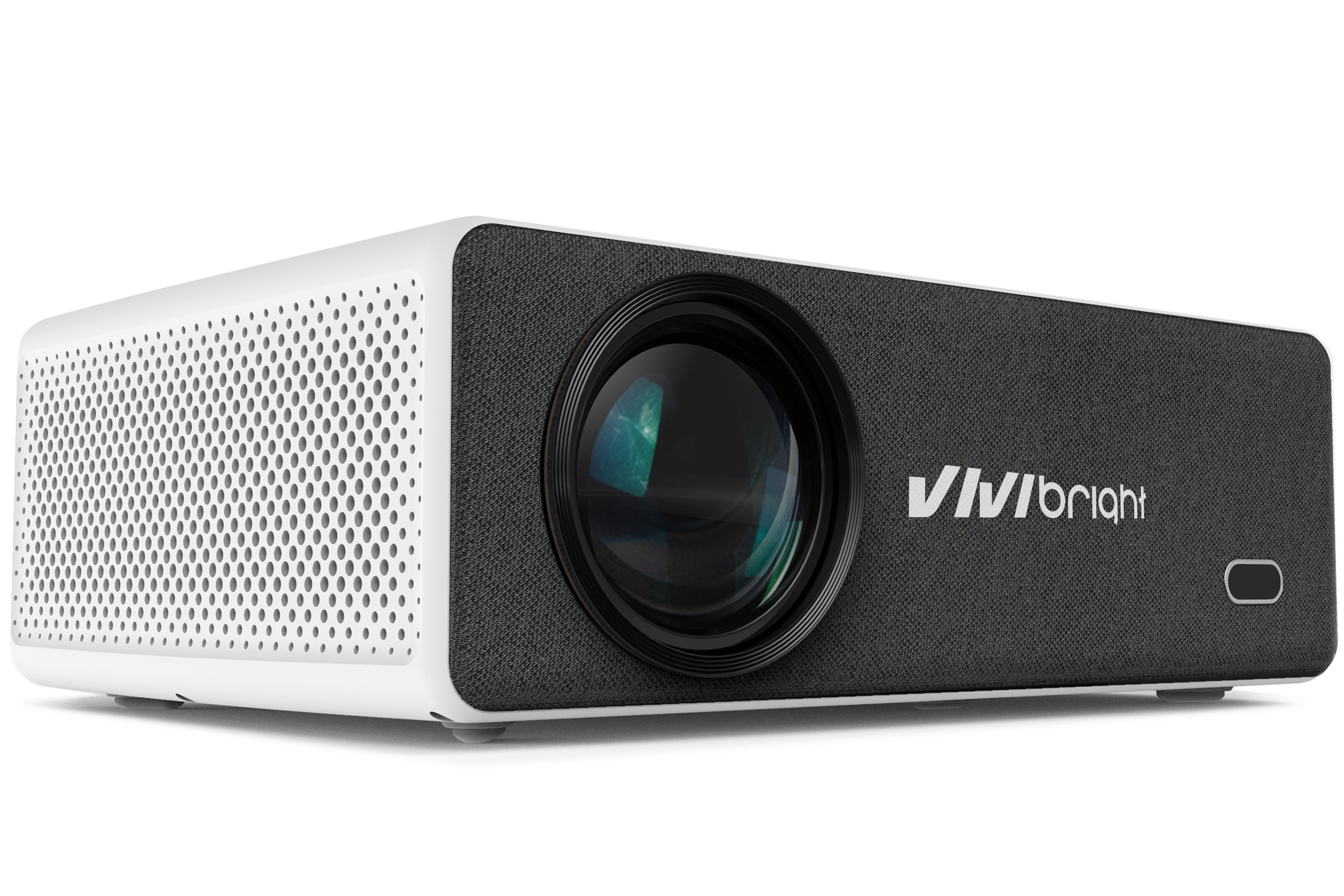 Un proyector blanco con frontal y lente de tela negra.