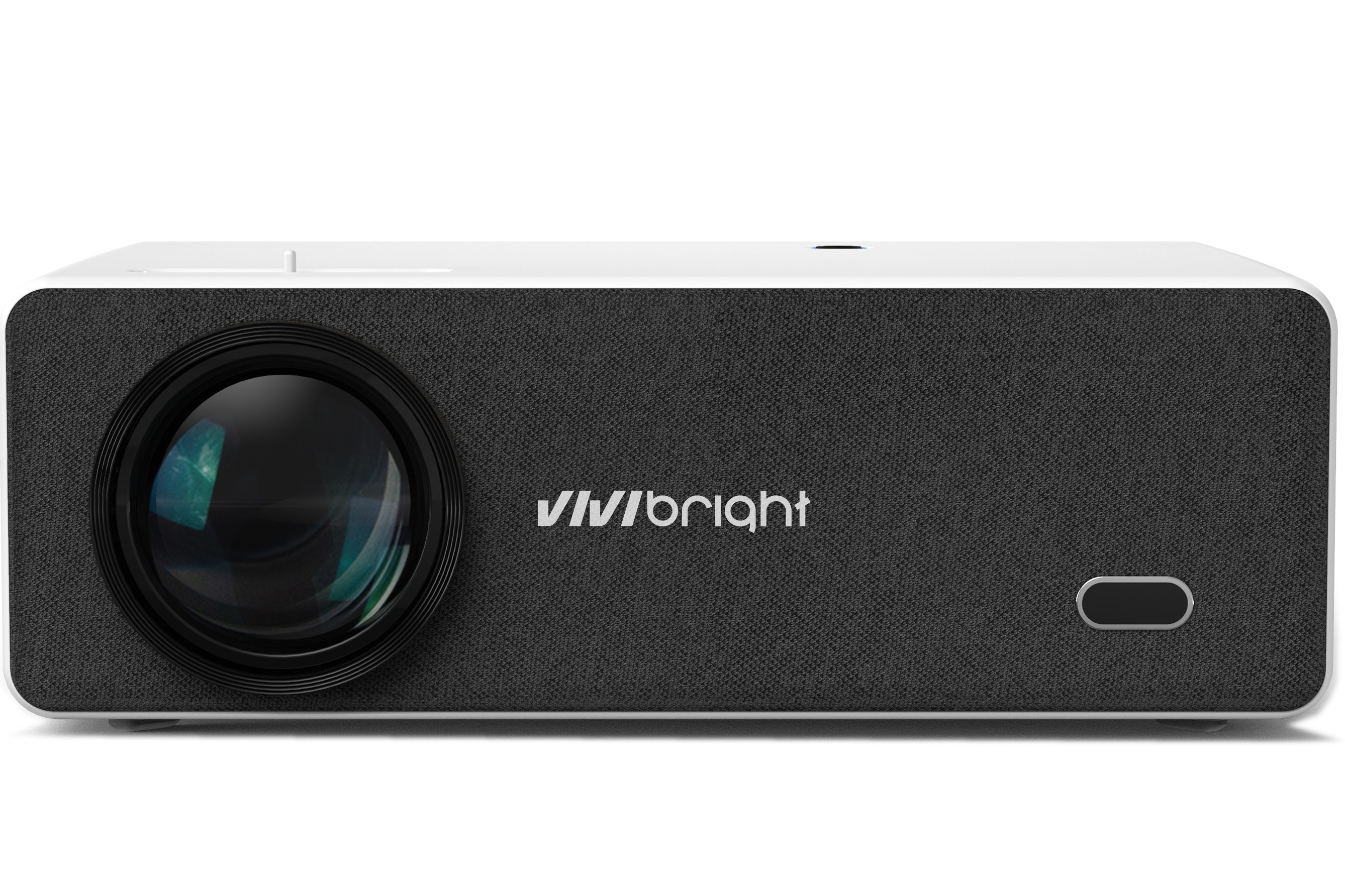 Un proyector blanco con frontal de tela gris y lente.